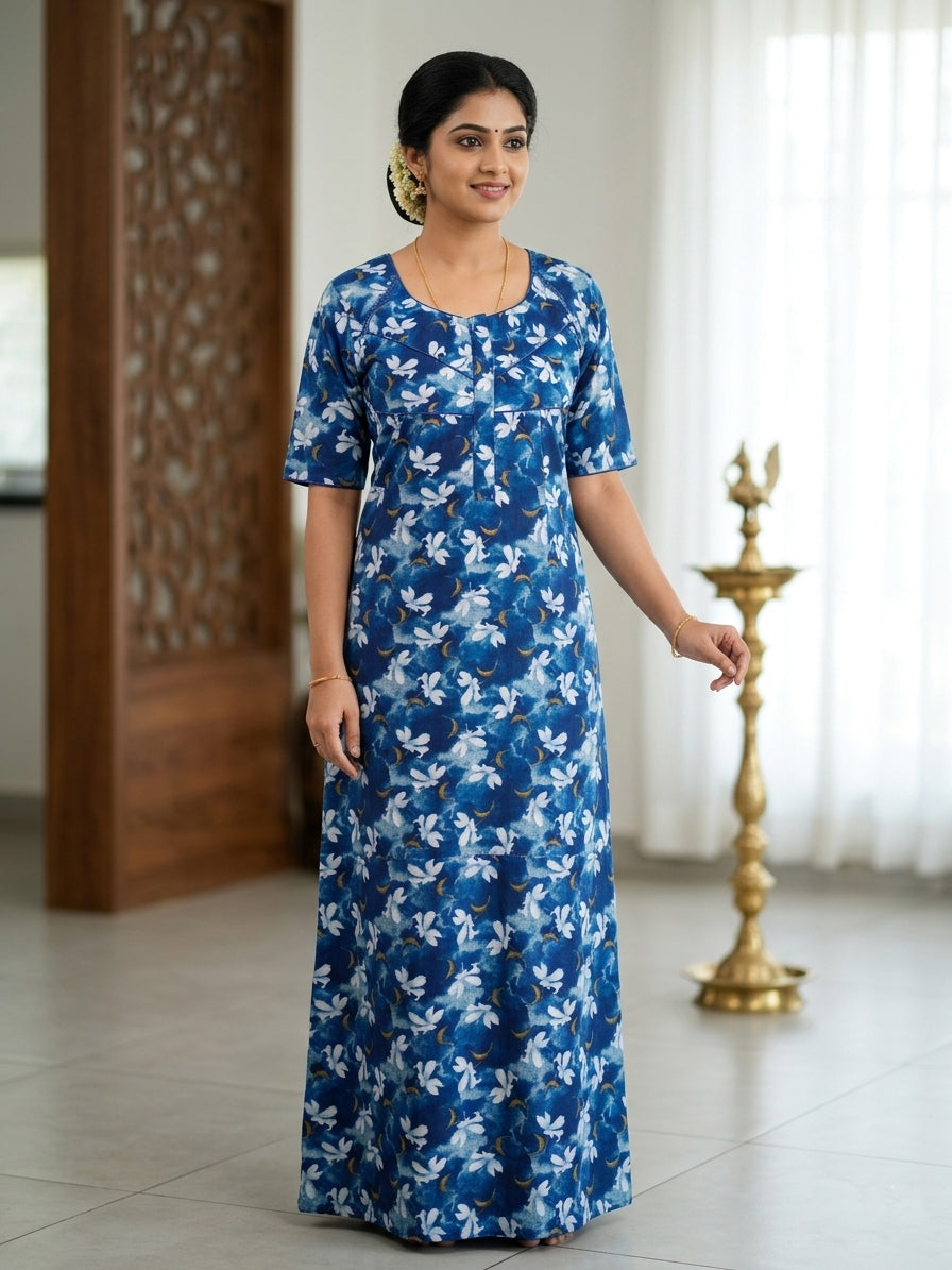 MANGAI Cotton Printed Pleated Model Half Sleeve 5XL Size Nighties - Fancy Neck | With Side Pocket | Shrinkage Free Nighties (5PZ)