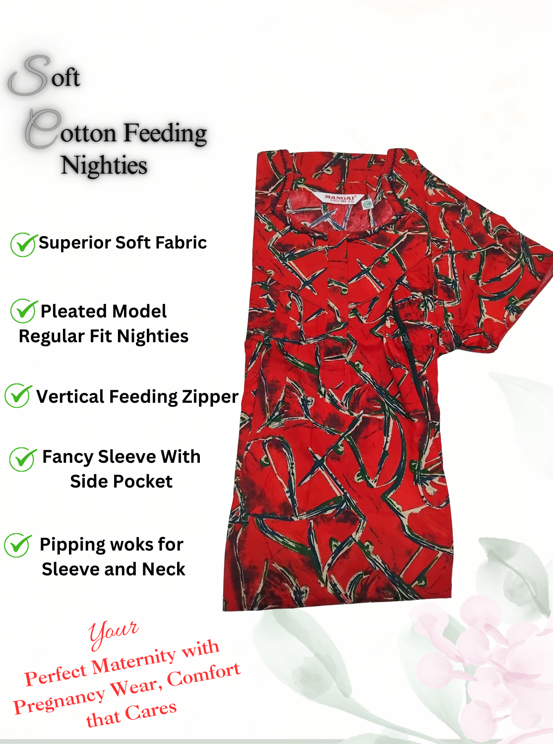 MANGAI Cotton Straight Zip Feeding Nighty |Post Pregnancy | Comfort and Style | Pleated Model | Soft Cotton Feeding Nighties (STF)