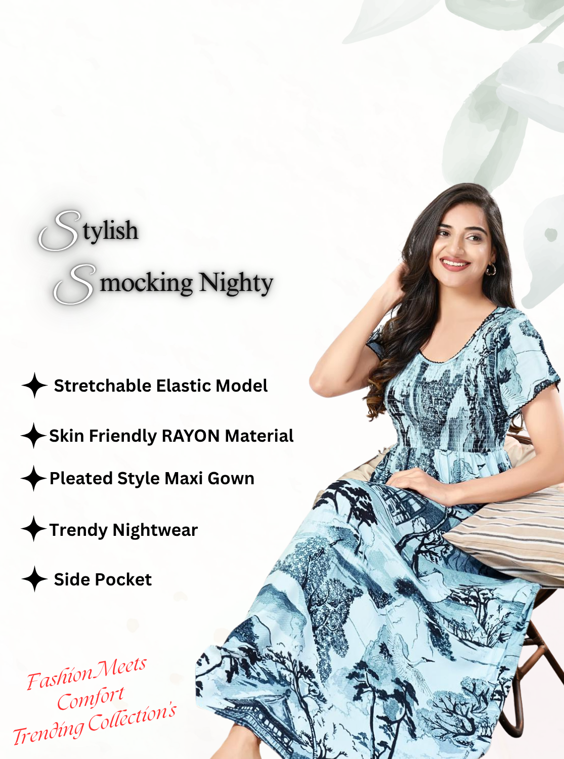 MANGAI RAYON Smocking Nighty | Beautiful Pleated Design | Side Pocket | Stylish Nighty for Trendy Women's | Your Perfect Nightwear Collection's (SRN)