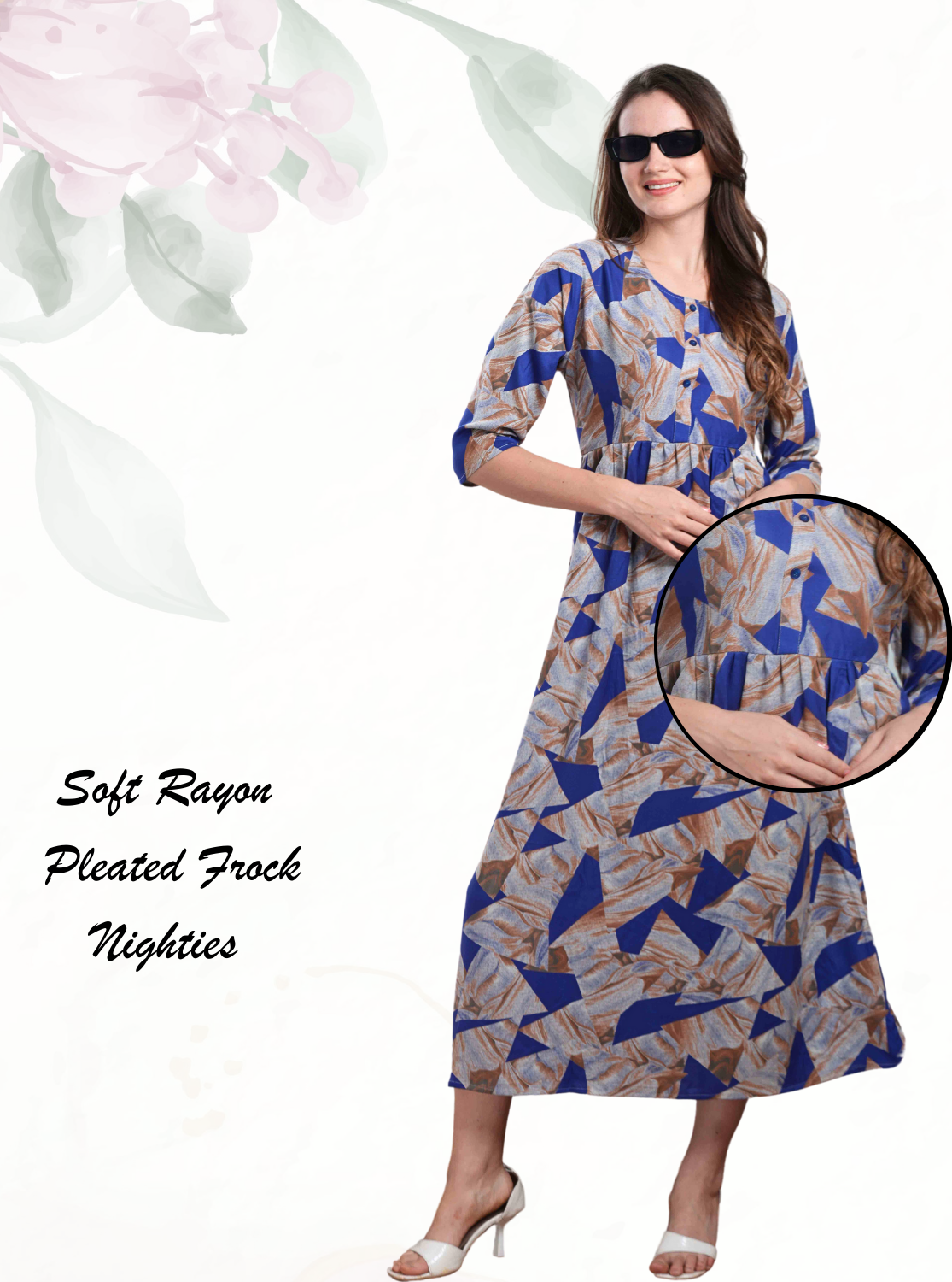 Latest Arrivals ONLY MINE Premium Rayon FROCK Model Pleated Nighties - Style 3/4 Length Sleeve | Soft & Smooth Cloths | Stylish Look | Perfect Nightdress for Trendy Women's (RCP)