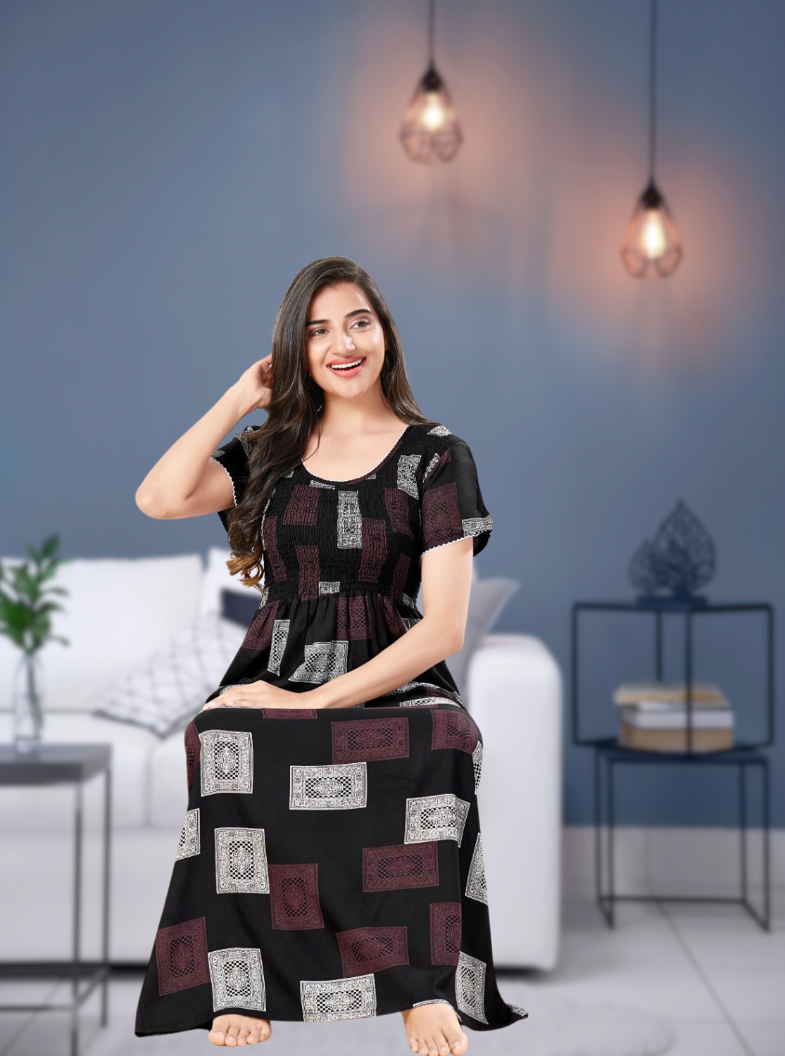 MANGAI RAYON Smocking Nighty | Beautiful Pleated Design | Side Pocket | Stylish Nighty for Trendy Women's | Your Perfect Nightwear Collection's (SRN)