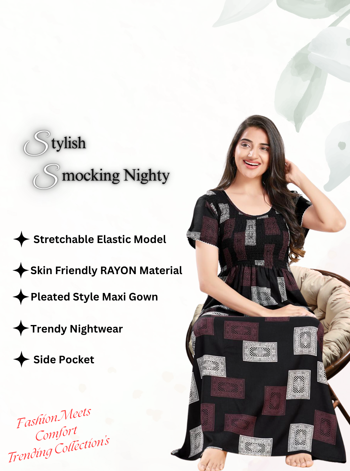 MANGAI RAYON Smocking Nighty | Beautiful Pleated Design | Side Pocket | Stylish Nighty for Trendy Women's | Your Perfect Nightwear Collection's (SRN)