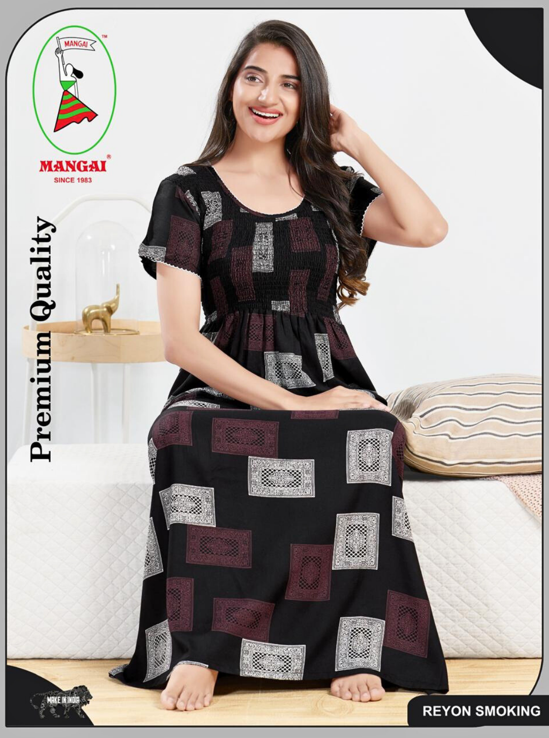 MANGAI RAYON Smocking Nighty | Beautiful Pleated Design | Side Pocket | Stylish Nighty for Trendy Women's | Your Perfect Nightwear Collection's (SRN)