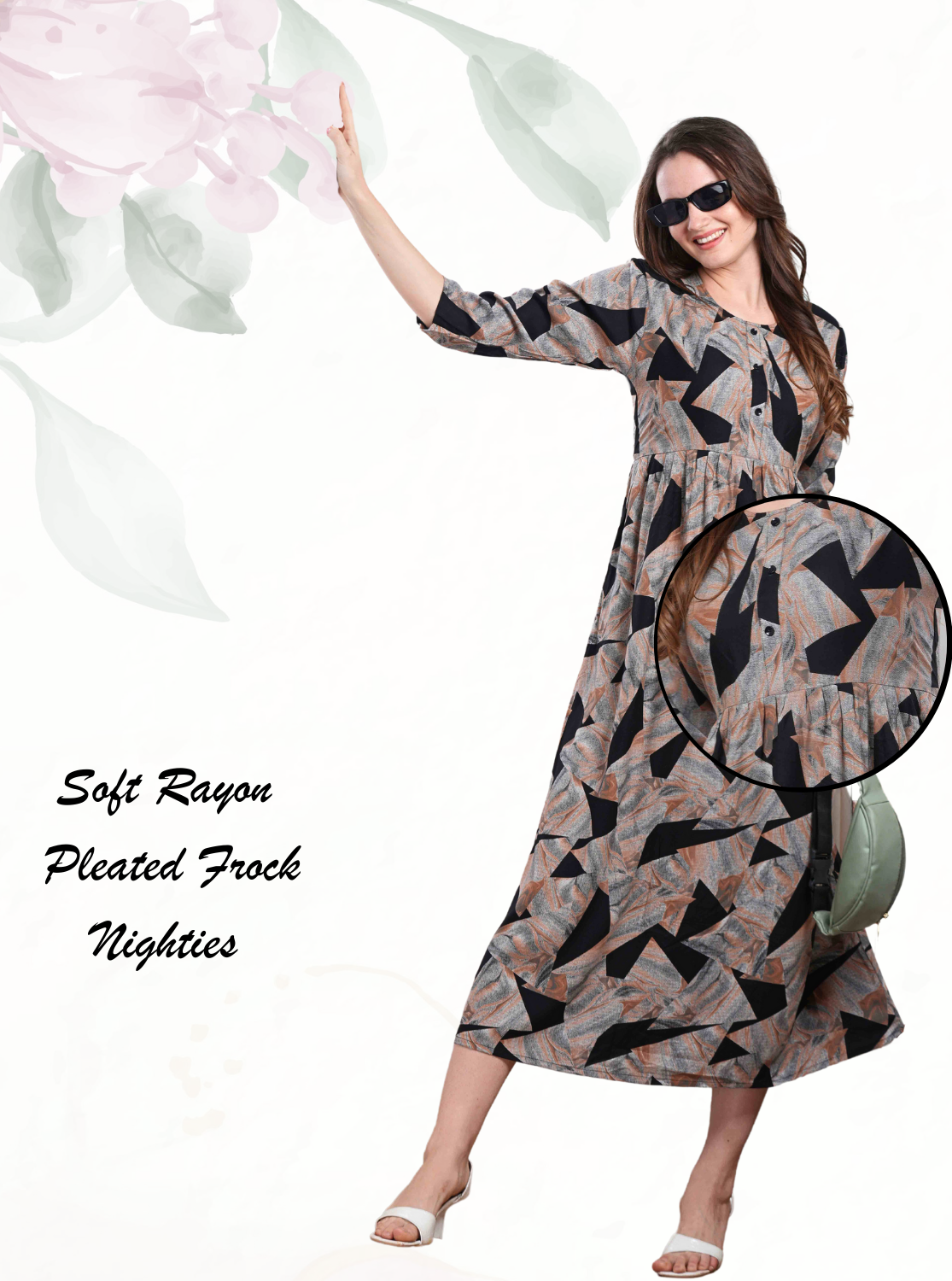 Latest Arrivals ONLY MINE Premium Rayon FROCK Model Pleated Nighties - Style 3/4 Length Sleeve | Soft & Smooth Cloths | Stylish Look | Perfect Nightdress for Trendy Women's (RCP)