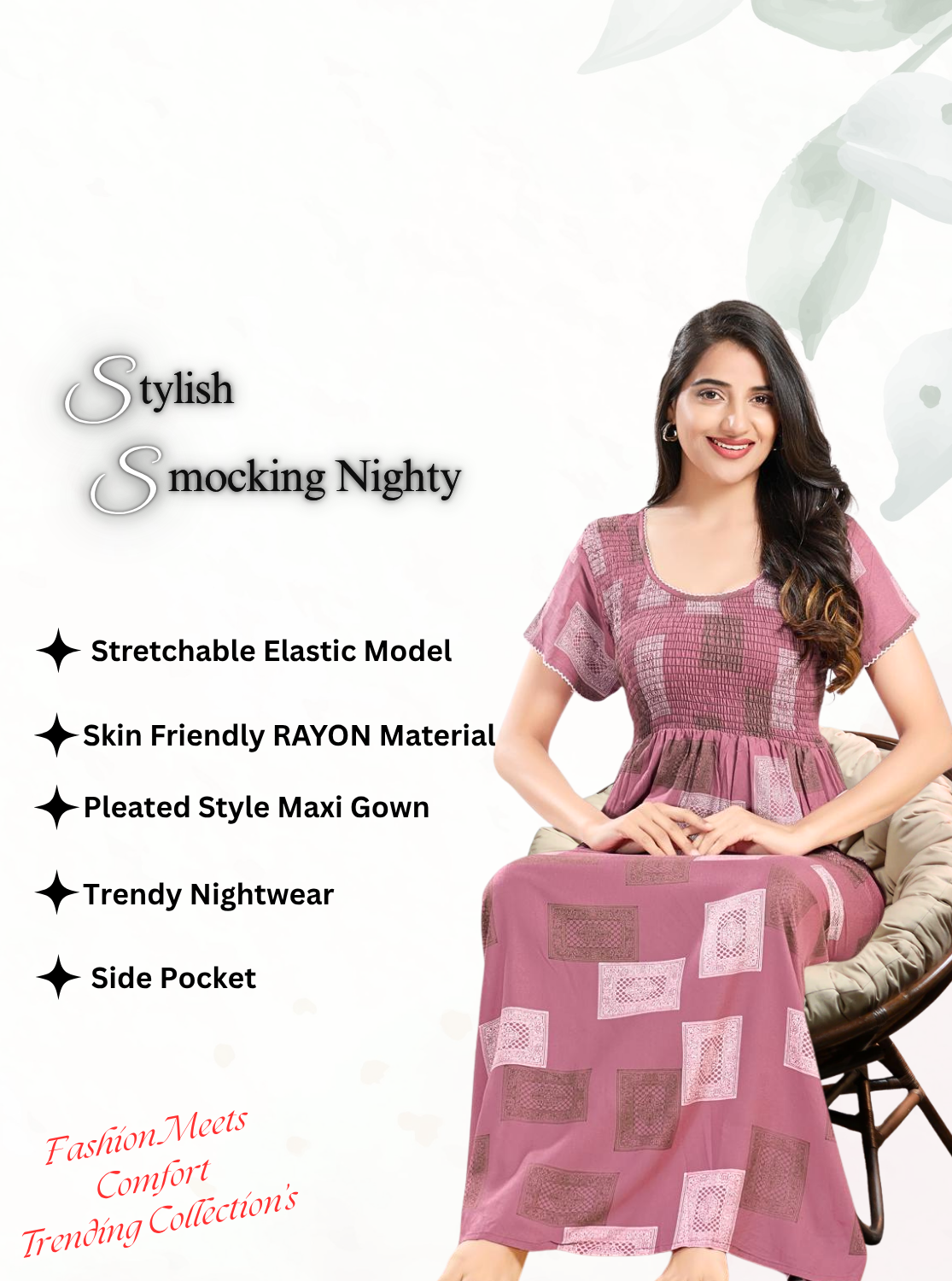 MANGAI RAYON Smocking Nighty | Beautiful Pleated Design | Side Pocket | Stylish Nighty for Trendy Women's | Your Perfect Nightwear Collection's (SRN)