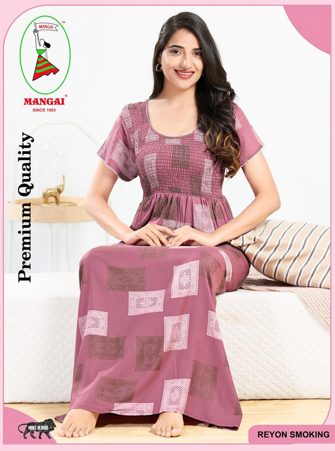 MANGAI RAYON Smocking Nighty | Beautiful Pleated Design | Side Pocket | Stylish Nighty for Trendy Women's | Your Perfect Nightwear Collection's (SRN)