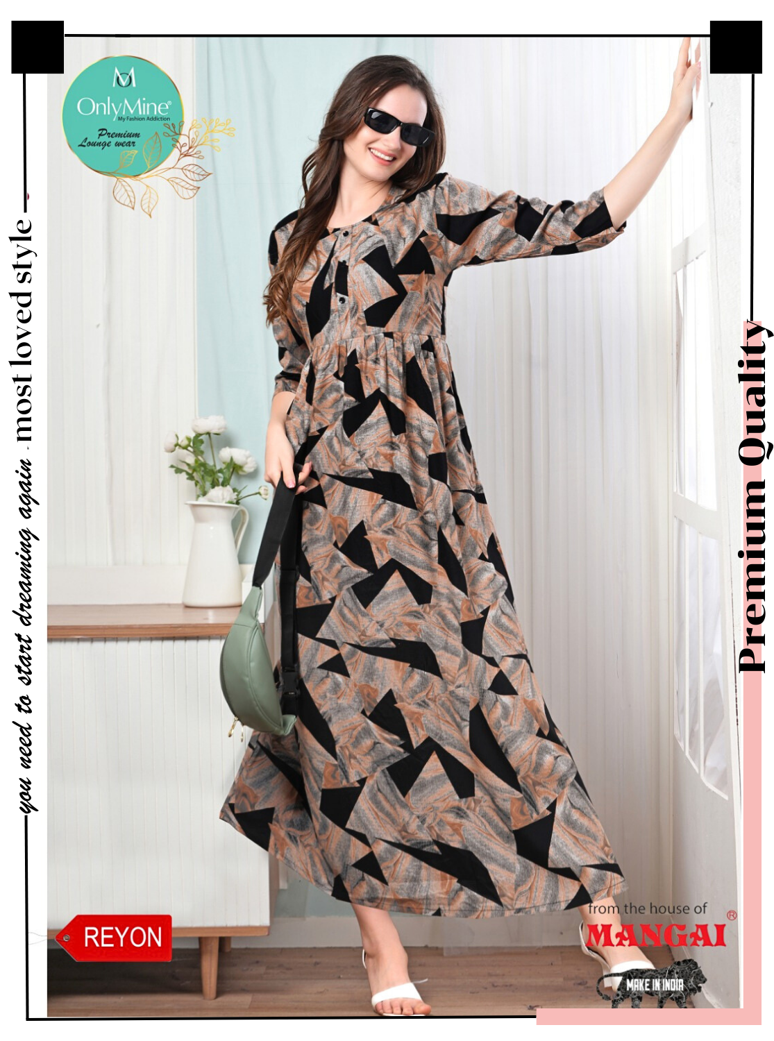 Latest Arrivals ONLY MINE Premium Rayon FROCK Model Pleated Nighties - Style 3/4 Length Sleeve | Soft & Smooth Cloths | Stylish Look | Perfect Nightdress for Trendy Women's (RCP)