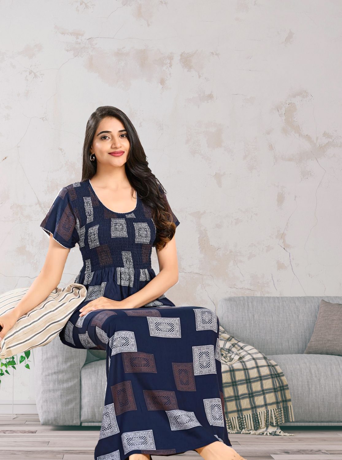 MANGAI RAYON Smocking Nighty | Beautiful Pleated Design | Side Pocket | Stylish Nighty for Trendy Women's | Your Perfect Nightwear Collection's (SRN)
