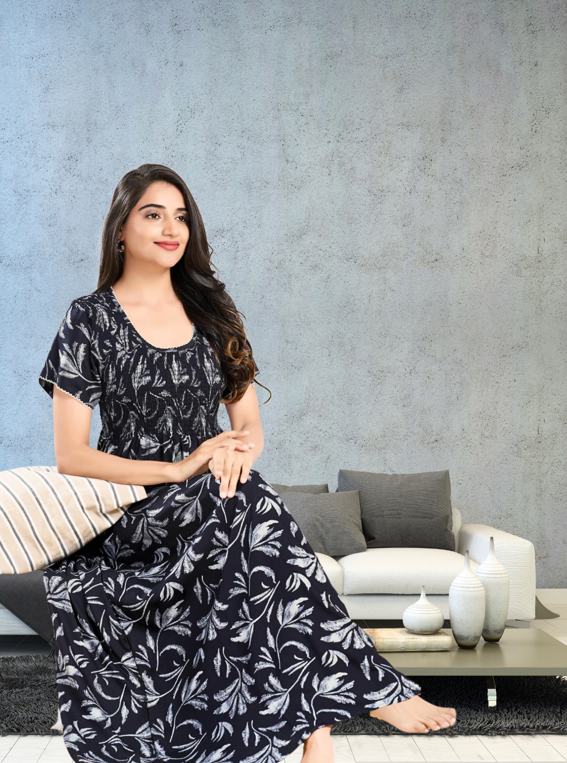 MANGAI RAYON Smocking Nighty | Beautiful Pleated Design | Side Pocket | Stylish Nighty for Trendy Women's | Your Perfect Nightwear Collection's (SRN)