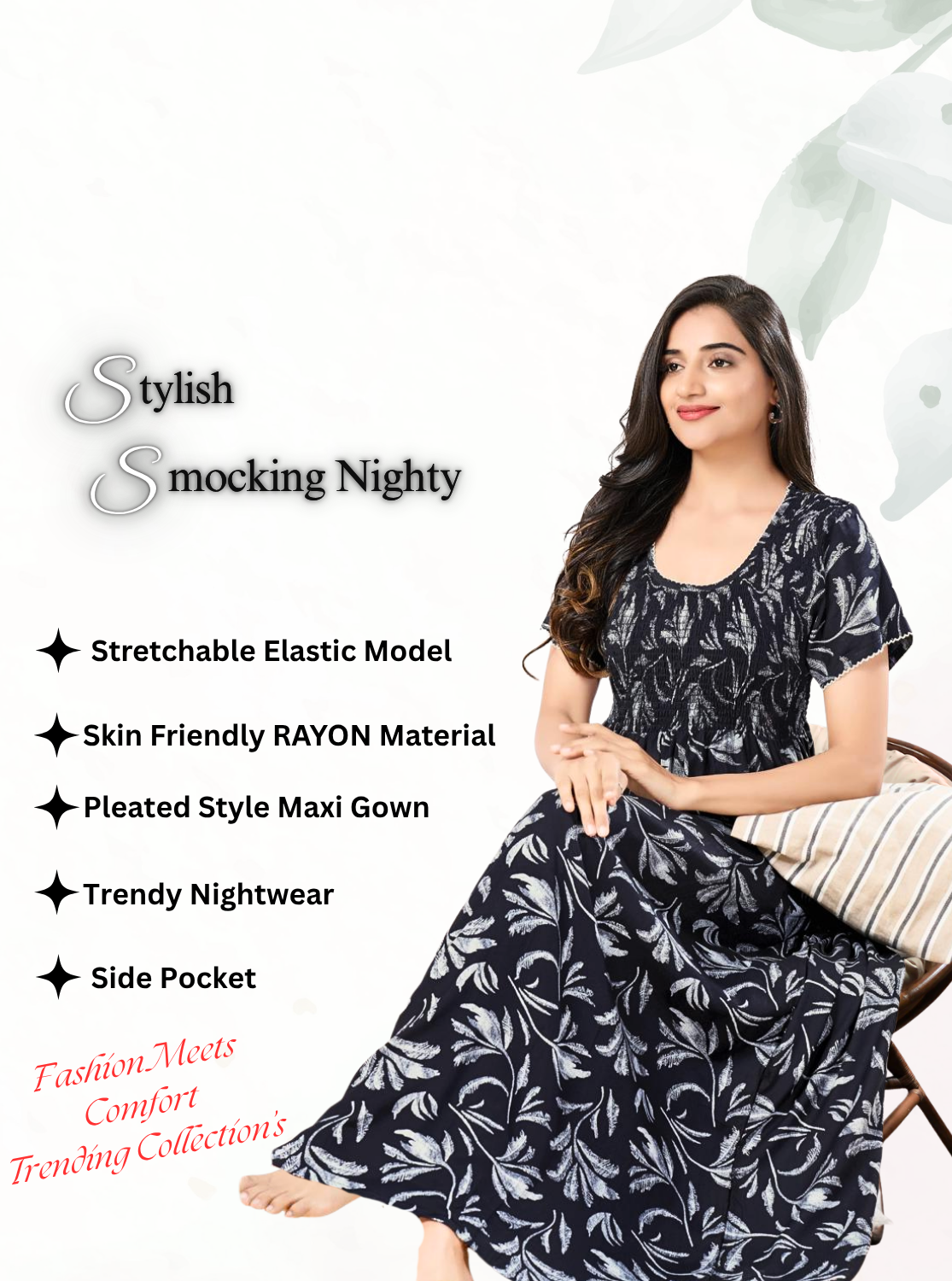 MANGAI RAYON Smocking Nighty | Beautiful Pleated Design | Side Pocket | Stylish Nighty for Trendy Women's | Your Perfect Nightwear Collection's (SRN)