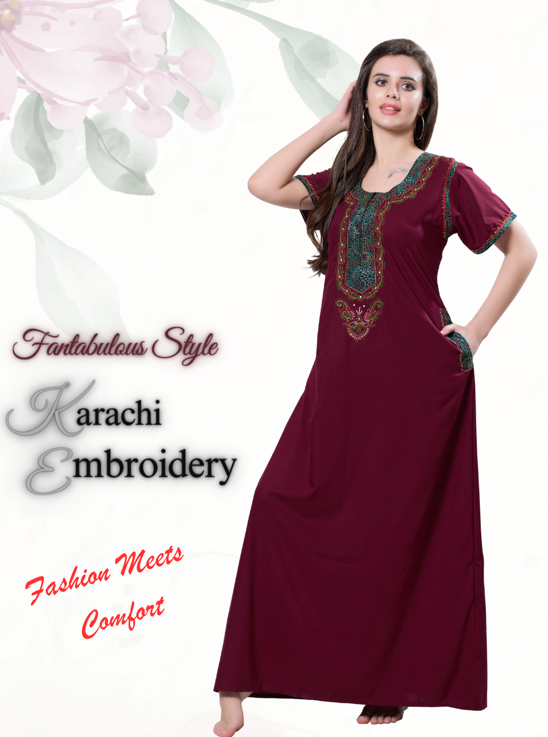 MANGAI Premium KARACHI Embroidery Nighties | Beautiful Embroidery Design's | Branded Quality | Half Sleeve | Regular Model | Stylish Nightdress for Women (KEM)