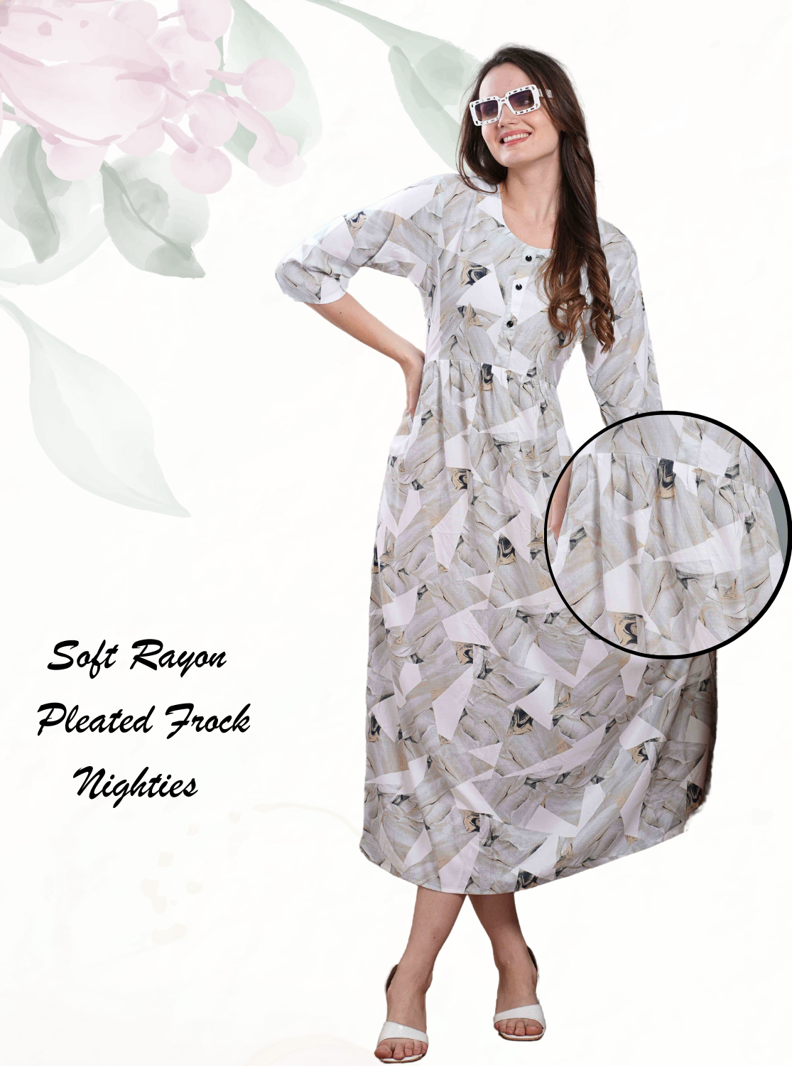 Latest Arrivals ONLY MINE Premium Rayon FROCK Model Pleated Nighties - Style 3/4 Length Sleeve | Soft & Smooth Cloths | Stylish Look | Perfect Nightdress for Trendy Women's (RCP)