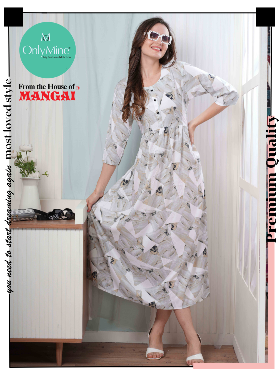 Latest Arrivals ONLY MINE Premium Rayon FROCK Model Pleated Nighties - Style 3/4 Length Sleeve | Soft & Smooth Cloths | Stylish Look | Perfect Nightdress for Trendy Women's (RCP)