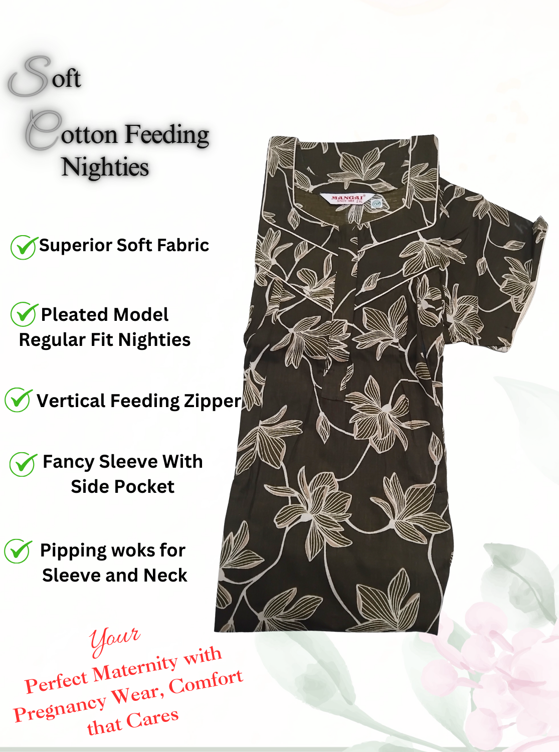 MANGAI Cotton Straight Zip Feeding Nighty |Post Pregnancy | Comfort and Style | Pleated Model | Soft Cotton Feeding Nighties (STF)
