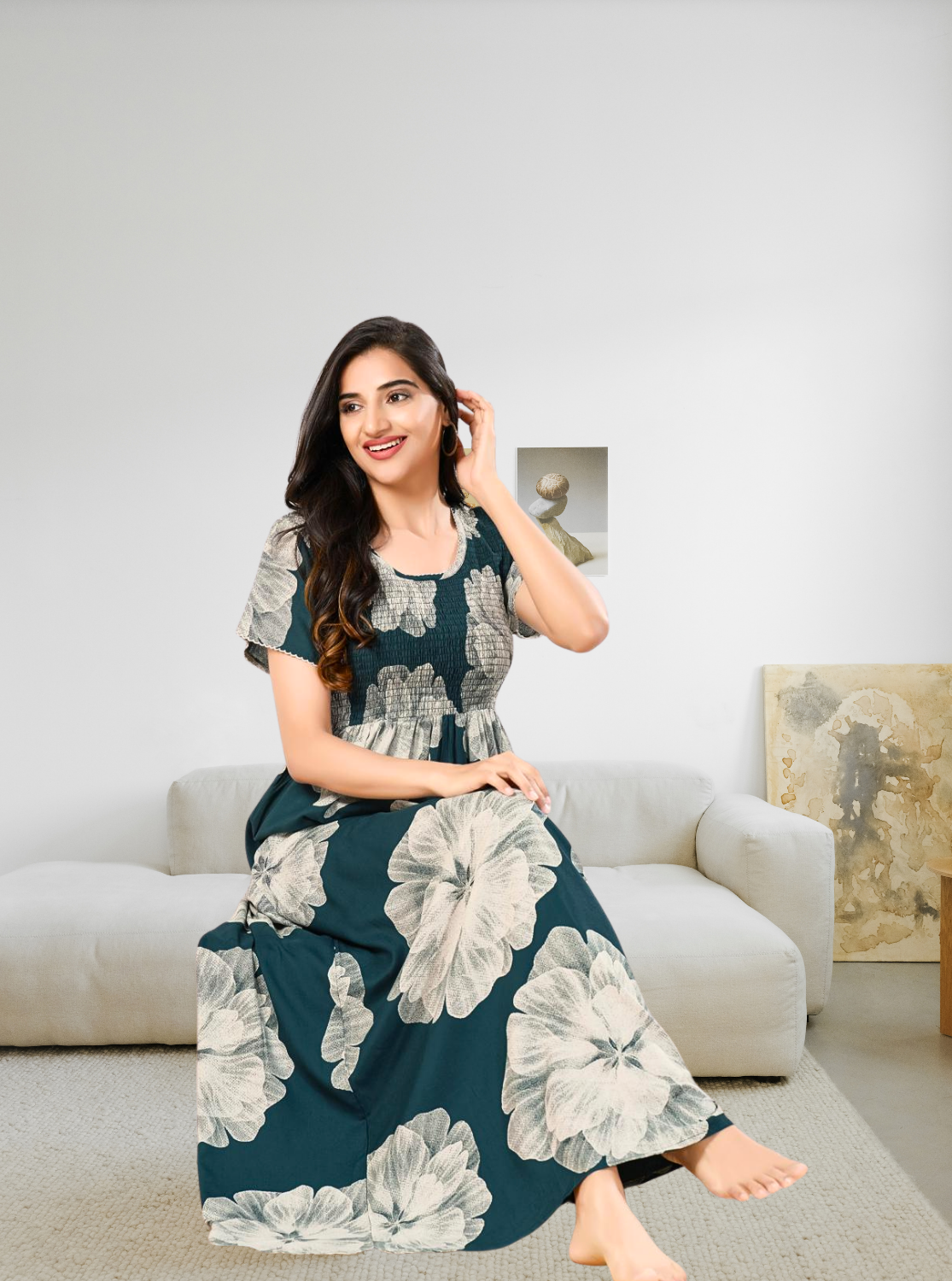 MANGAI RAYON Smocking Nighty | Beautiful Pleated Design | Side Pocket | Stylish Nighty for Trendy Women's | Your Perfect Nightwear Collection's (SRN)