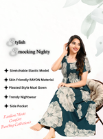 MANGAI RAYON Smocking Nighty | Beautiful Pleated Design | Side Pocket | Stylish Nighty for Trendy Women's | Your Perfect Nightwear Collection's (SRN)