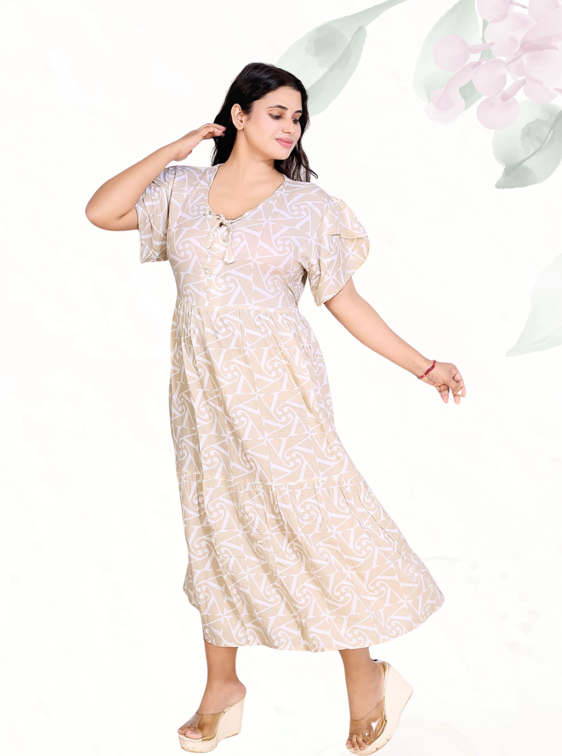 Rayon MAXI FROCK Model Nighties | Fancy Petal Sleeve | Fancy Neck & Side Pocket | Pleated Frock MAXI Style | Trendy Collection's for Stylish Women & Teenage Girl (FSF)
