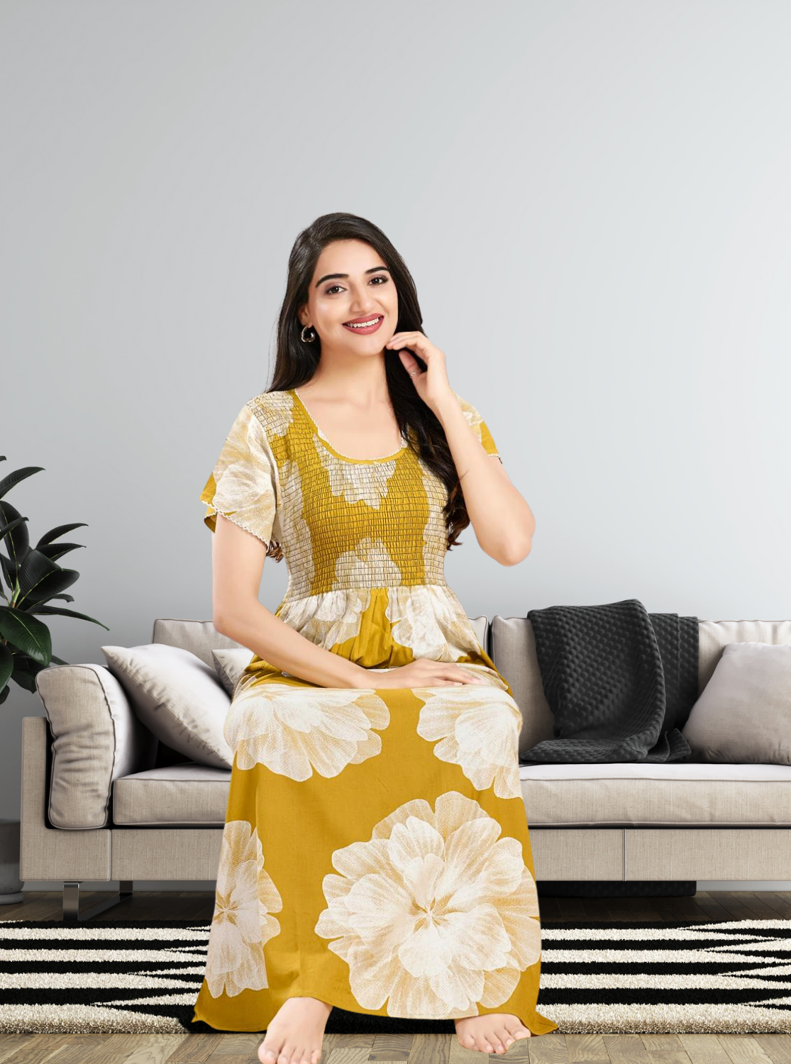 MANGAI RAYON Smocking Nighty | Beautiful Pleated Design | Side Pocket | Stylish Nighty for Trendy Women's | Your Perfect Nightwear Collection's (SRN)