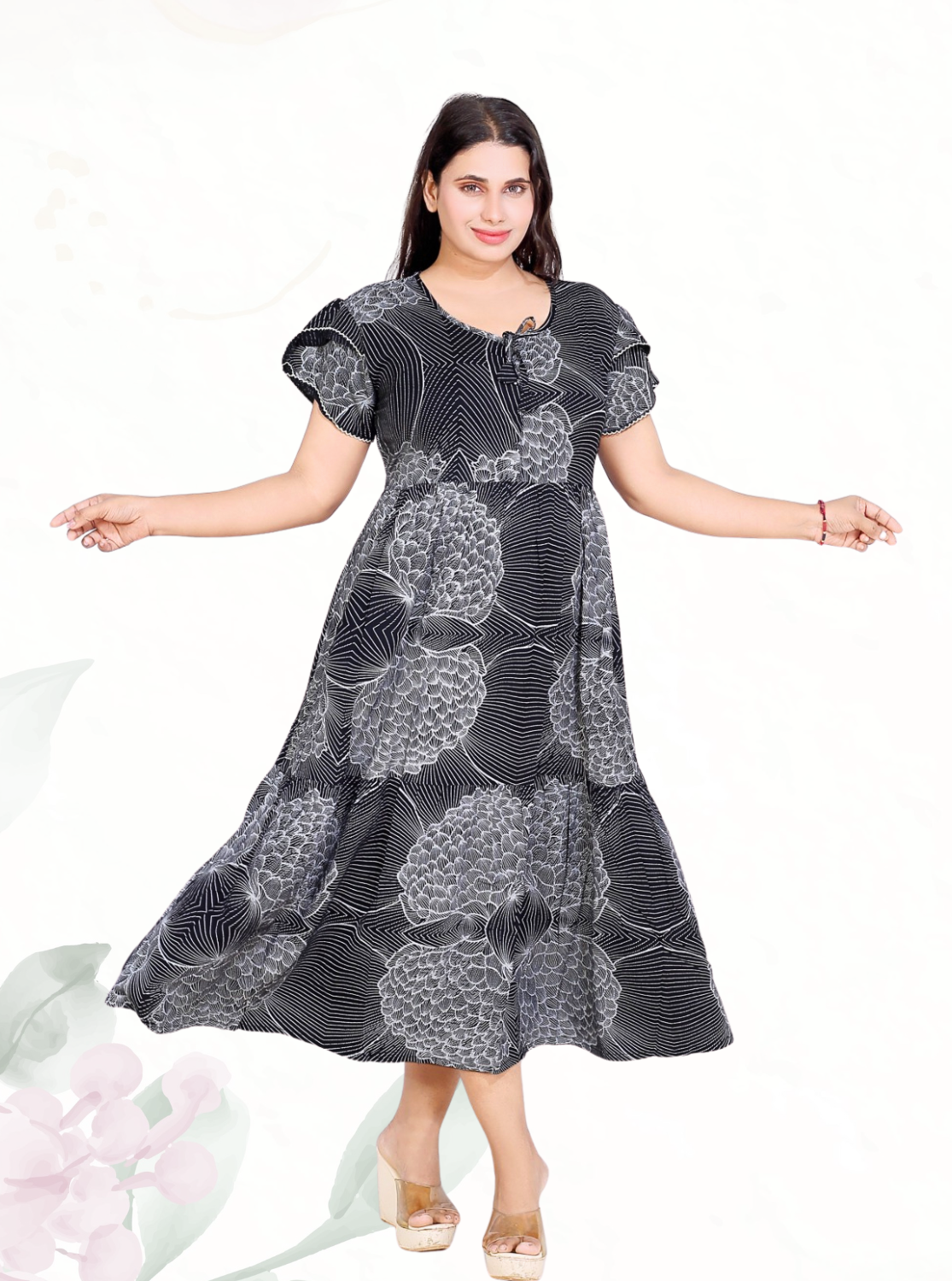 Rayon MAXI FROCK Model Nighties | Fancy Petal Sleeve | Fancy Neck & Side Pocket | Pleated Frock MAXI Style | Trendy Collection's for Stylish Women & Teenage Girl (FSF)