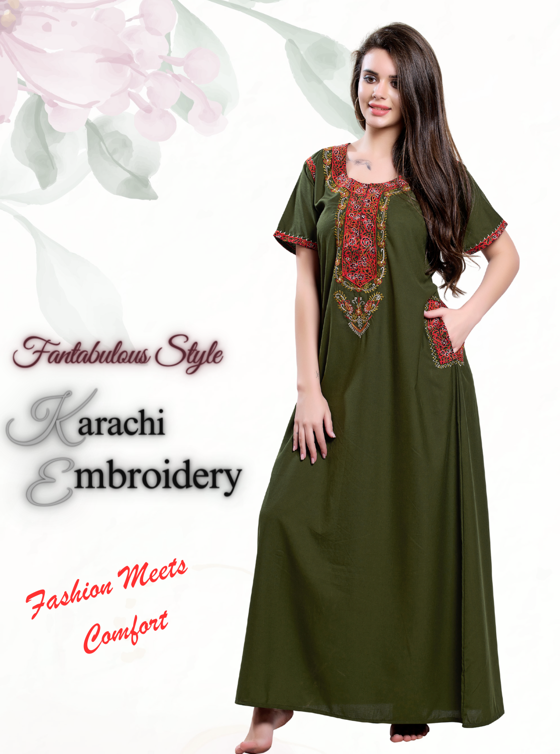 MANGAI Premium KARACHI Embroidery Nighties | Beautiful Embroidery Design's | Branded Quality | Half Sleeve | Regular Model | Stylish Nightdress for Women (KEM)