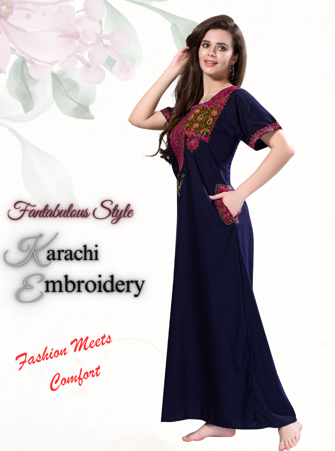 MANGAI Premium KARACHI Embroidery Nighties | Beautiful Embroidery Design's | Branded Quality | Half Sleeve | Regular Model | Stylish Nightdress for Women (KEM)