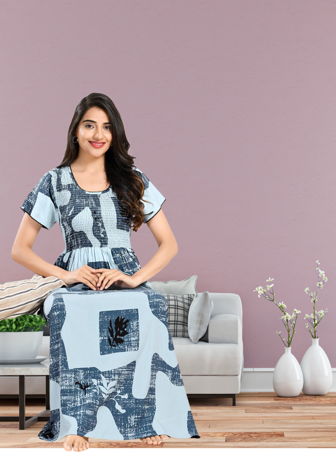 MANGAI RAYON Smocking Nighty | Beautiful Pleated Design | Side Pocket | Stylish Nighty for Trendy Women's | Your Perfect Nightwear Collection's (SRN)