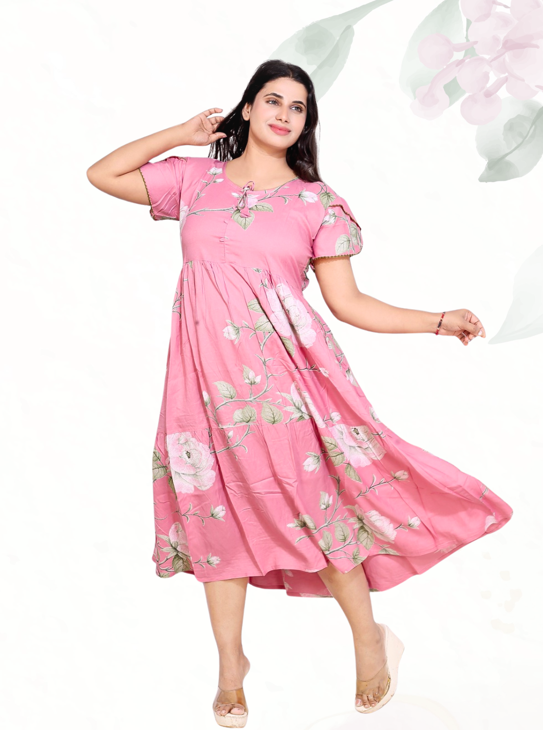 Rayon MAXI FROCK Model Nighties | Fancy Petal Sleeve | Fancy Neck & Side Pocket | Pleated Frock MAXI Style | Trendy Collection's for Stylish Women & Teenage Girl (FSF)