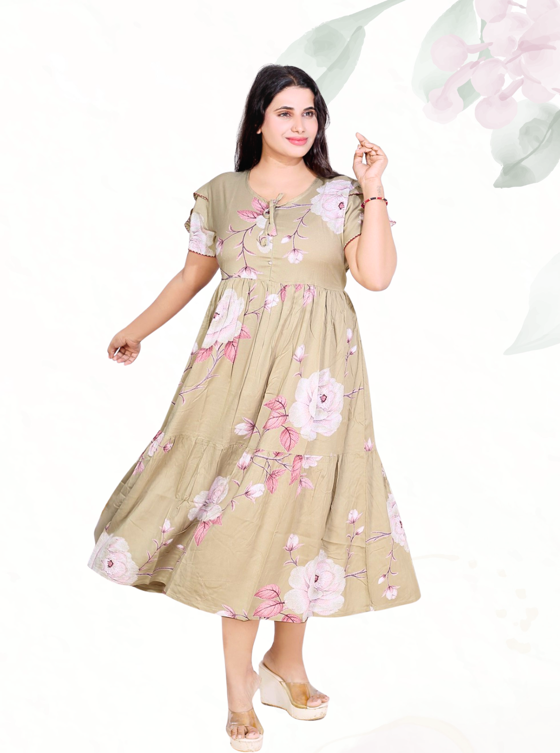 Rayon MAXI FROCK Model Nighties | Fancy Petal Sleeve | Fancy Neck & Side Pocket | Pleated Frock MAXI Style | Trendy Collection's for Stylish Women & Teenage Girl (FSF)