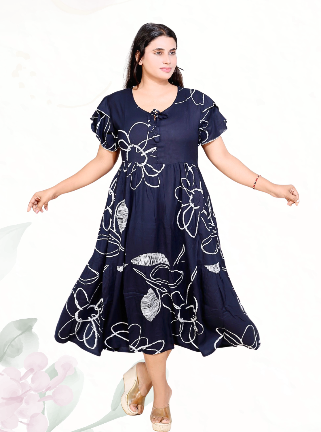 Rayon MAXI FROCK Model Nighties | Fancy Petal Sleeve | Fancy Neck & Side Pocket | Pleated Frock MAXI Style | Trendy Collection's for Stylish Women & Teenage Girl (FSF)