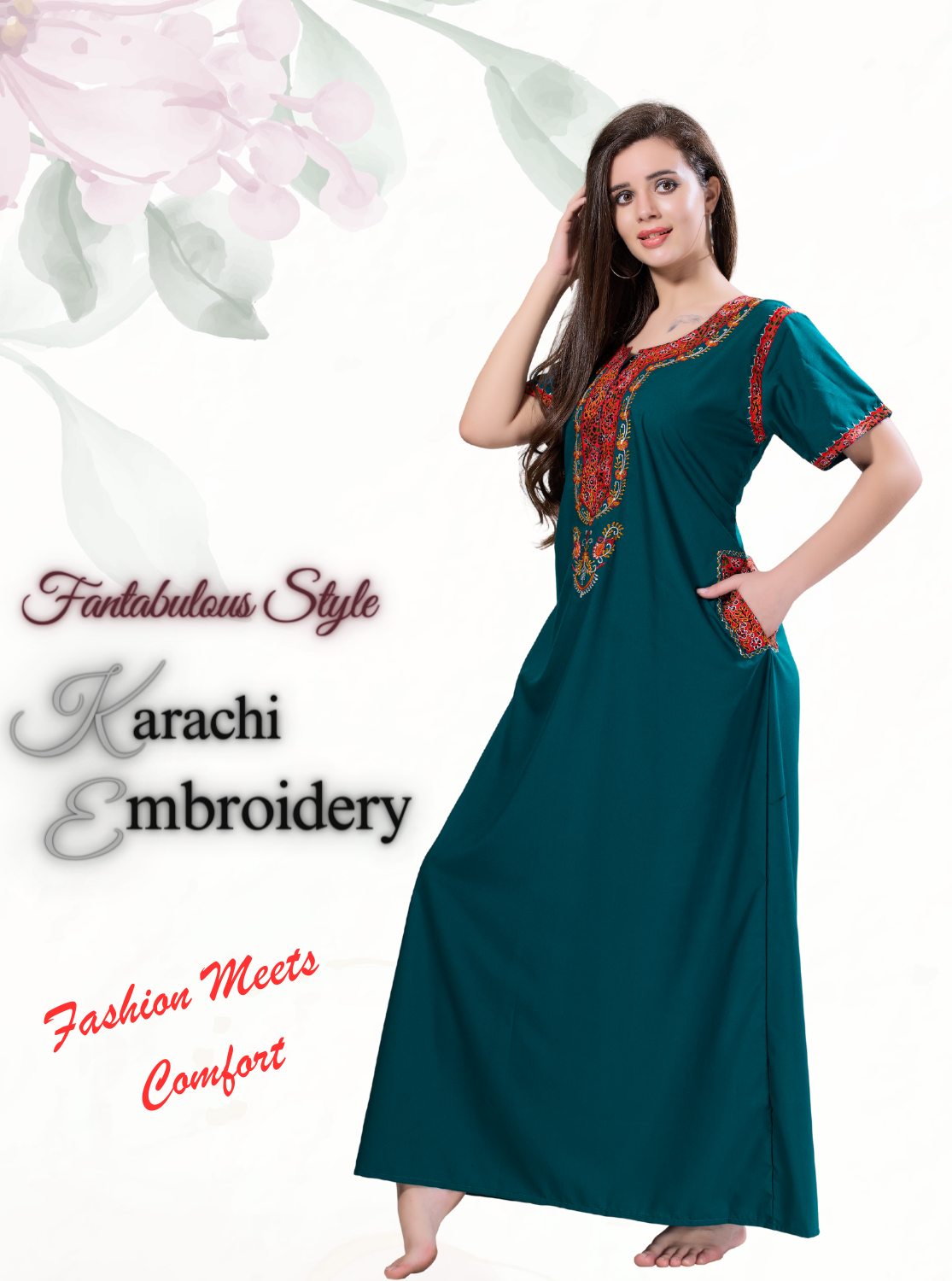 MANGAI Premium KARACHI Embroidery Nighties | Beautiful Embroidery Design's | Branded Quality | Half Sleeve | Regular Model | Stylish Nightdress for Women (KEM)