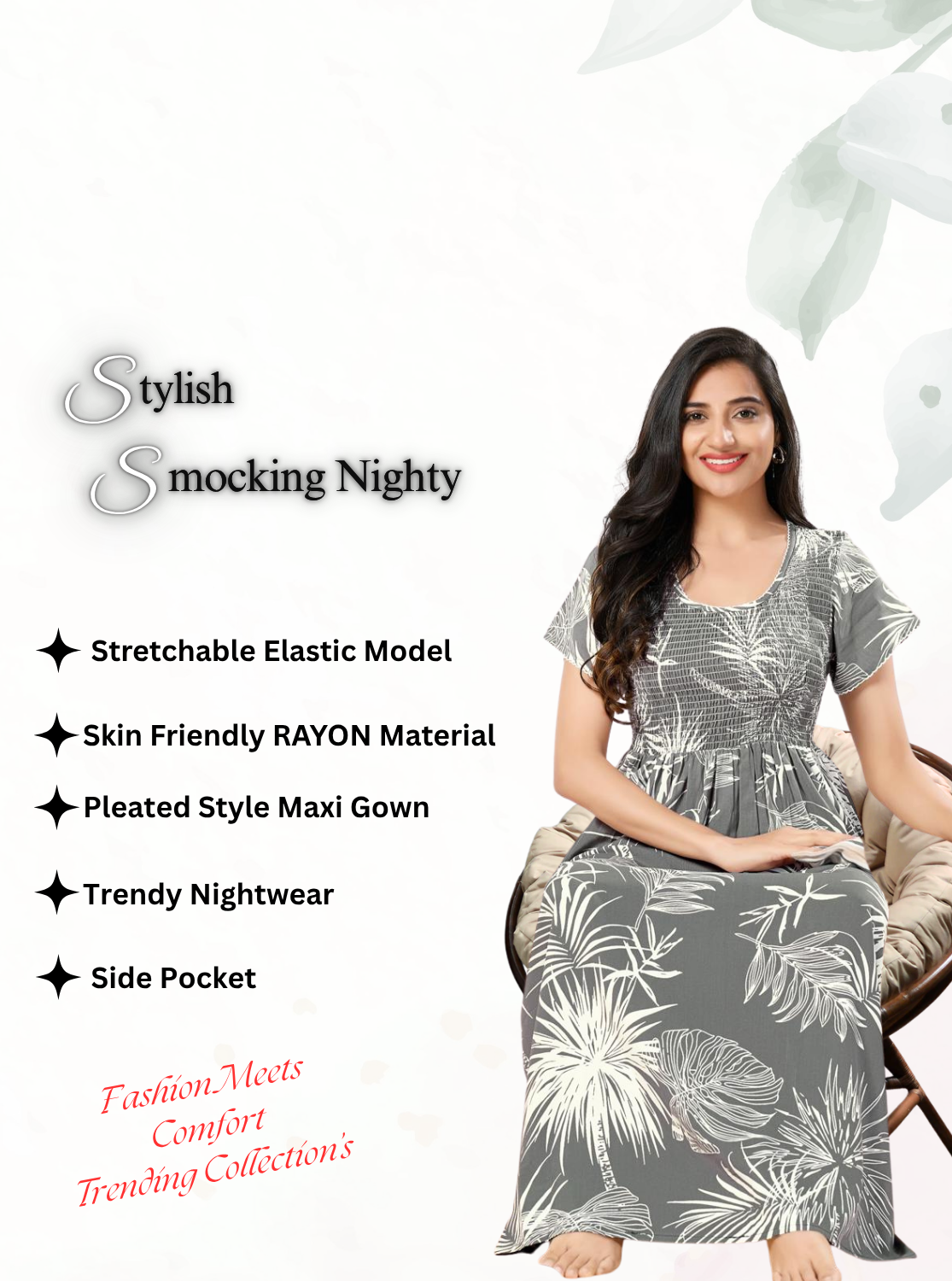 MANGAI RAYON Smocking Nighty | Beautiful Pleated Design | Side Pocket | Stylish Nighty for Trendy Women's | Your Perfect Nightwear Collection's (SRN)