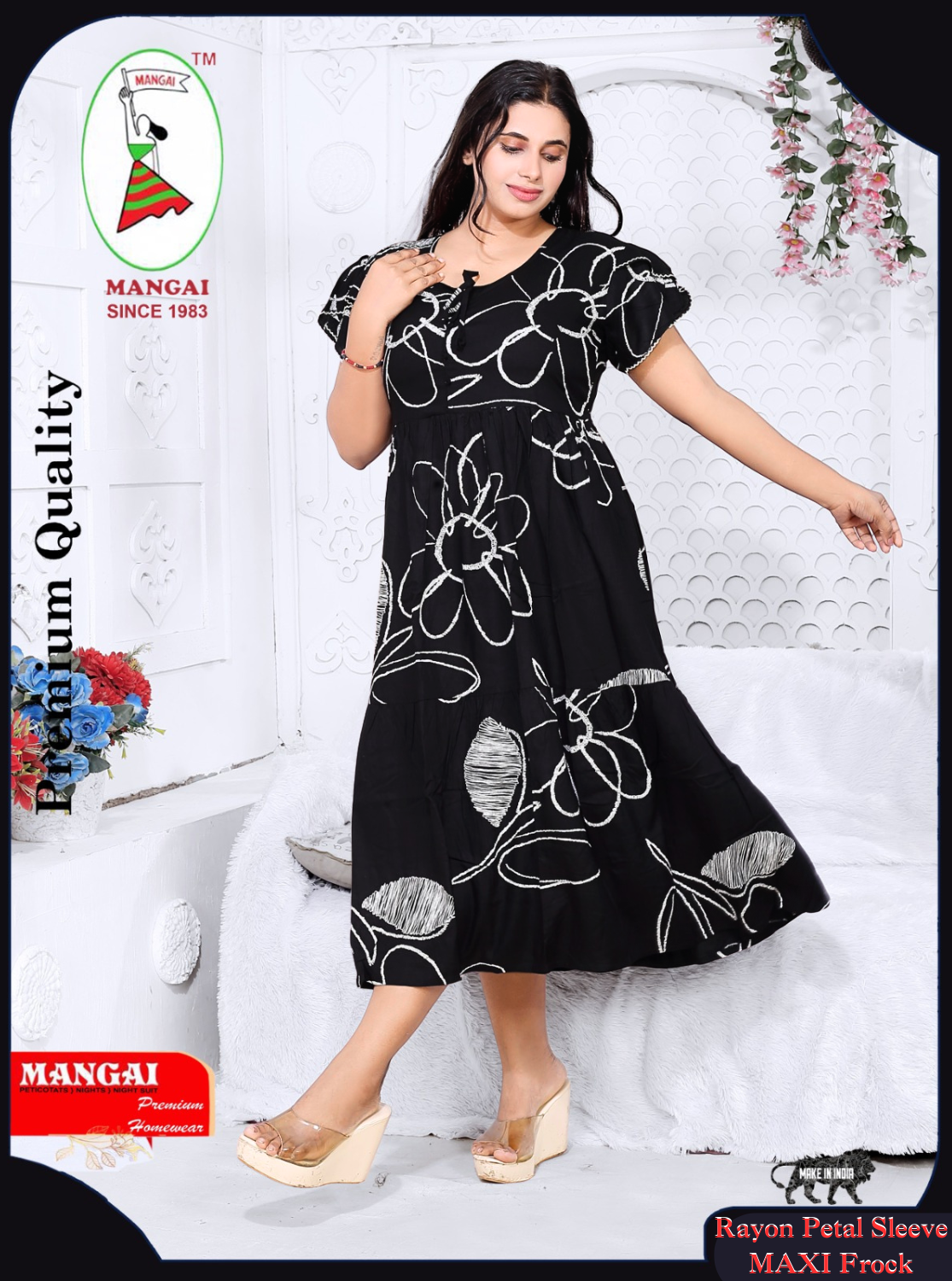 Rayon MAXI FROCK Model Nighties | Fancy Petal Sleeve | Fancy Neck & Side Pocket | Pleated Frock MAXI Style | Trendy Collection's for Stylish Women & Teenage Girl (FSF)