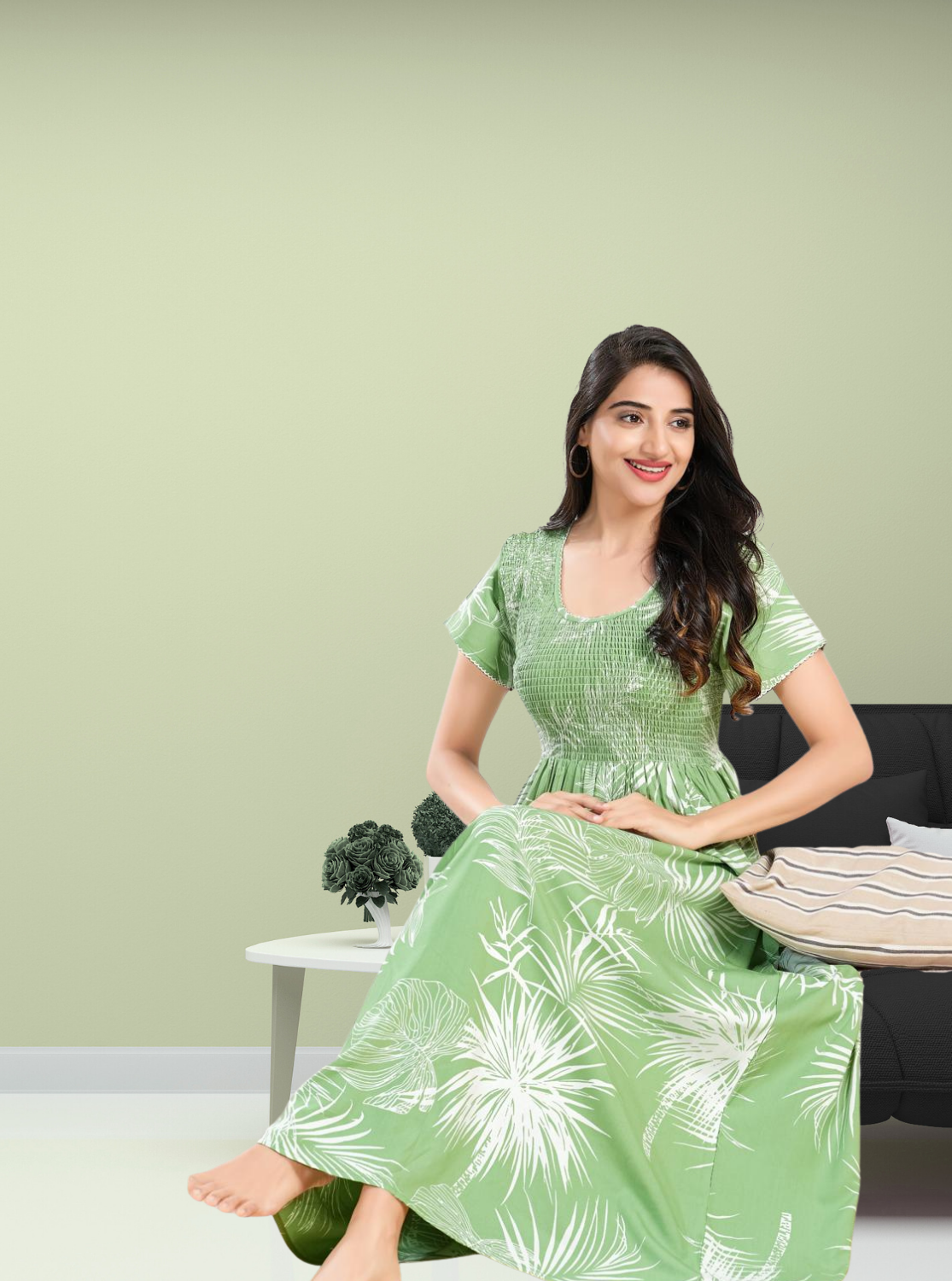 MANGAI RAYON Smocking Nighty | Beautiful Pleated Design | Side Pocket | Stylish Nighty for Trendy Women's | Your Perfect Nightwear Collection's (SRN)