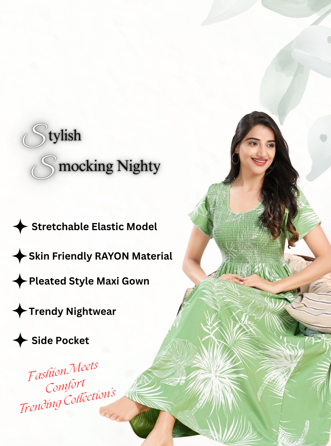 MANGAI RAYON Smocking Nighty | Beautiful Pleated Design | Side Pocket | Stylish Nighty for Trendy Women's | Your Perfect Nightwear Collection's (SRN)