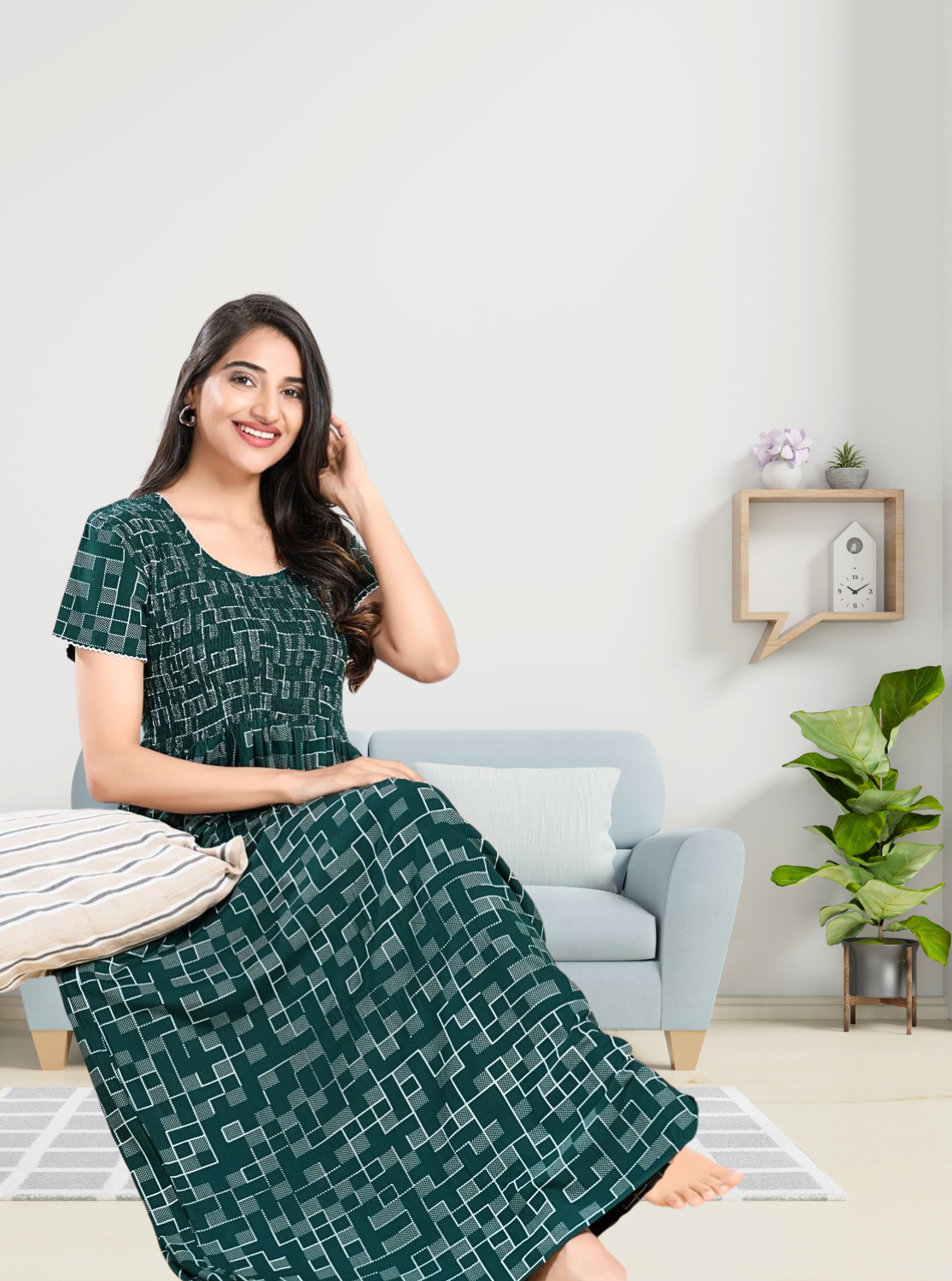 MANGAI RAYON Smocking Nighty | Beautiful Pleated Design | Side Pocket | Stylish Nighty for Trendy Women's | Your Perfect Nightwear Collection's (SRN)