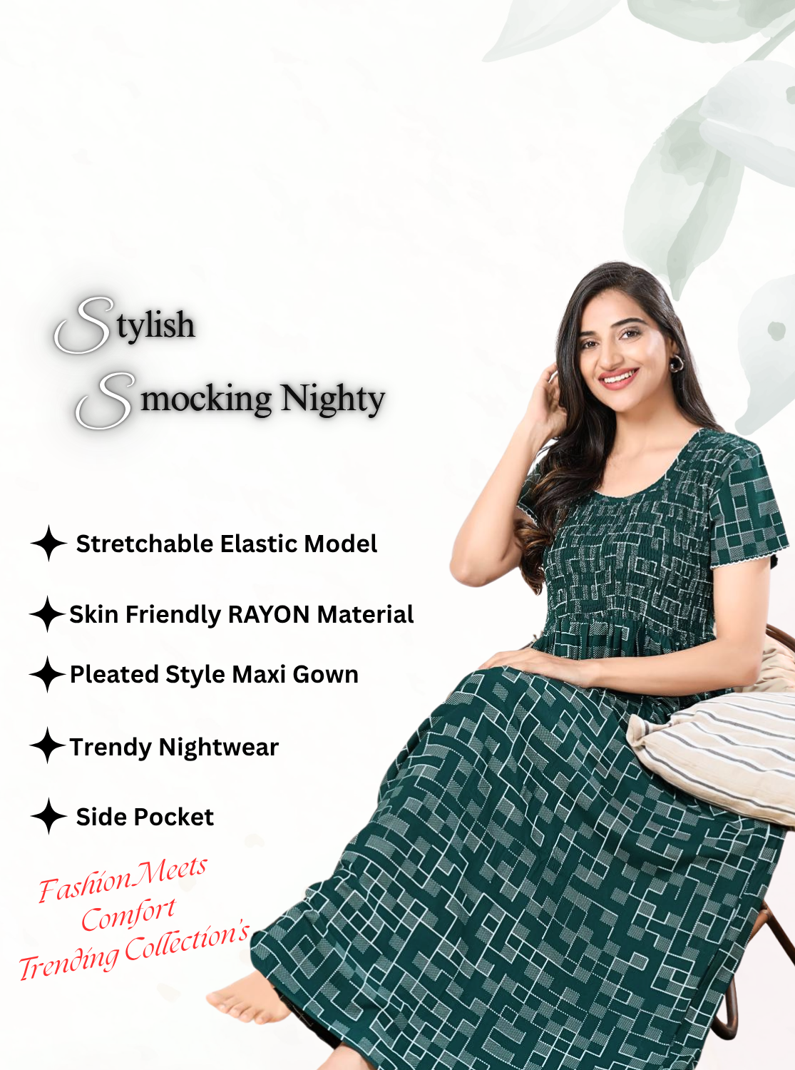 MANGAI RAYON Smocking Nighty | Beautiful Pleated Design | Side Pocket | Stylish Nighty for Trendy Women's | Your Perfect Nightwear Collection's (SRN)
