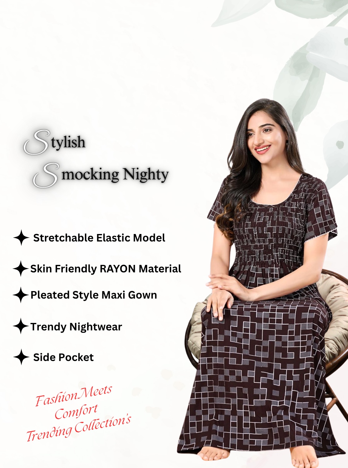 MANGAI RAYON Smocking Nighty | Beautiful Pleated Design | Side Pocket | Stylish Nighty for Trendy Women's | Your Perfect Nightwear Collection's (SRN)