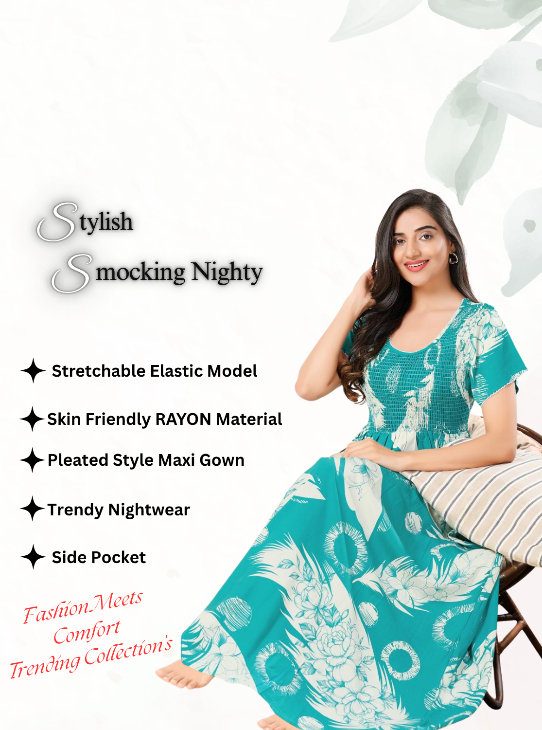 MANGAI RAYON Smocking Nighty | Beautiful Pleated Design | Side Pocket | Stylish Nighty for Trendy Women's | Your Perfect Nightwear Collection's (SRN)