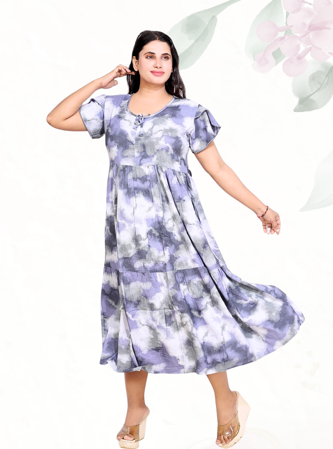 Rayon MAXI FROCK Model Nighties | Fancy Petal Sleeve | Fancy Neck & Side Pocket | Pleated Frock MAXI Style | Trendy Collection's for Stylish Women & Teenage Girl (FSF)