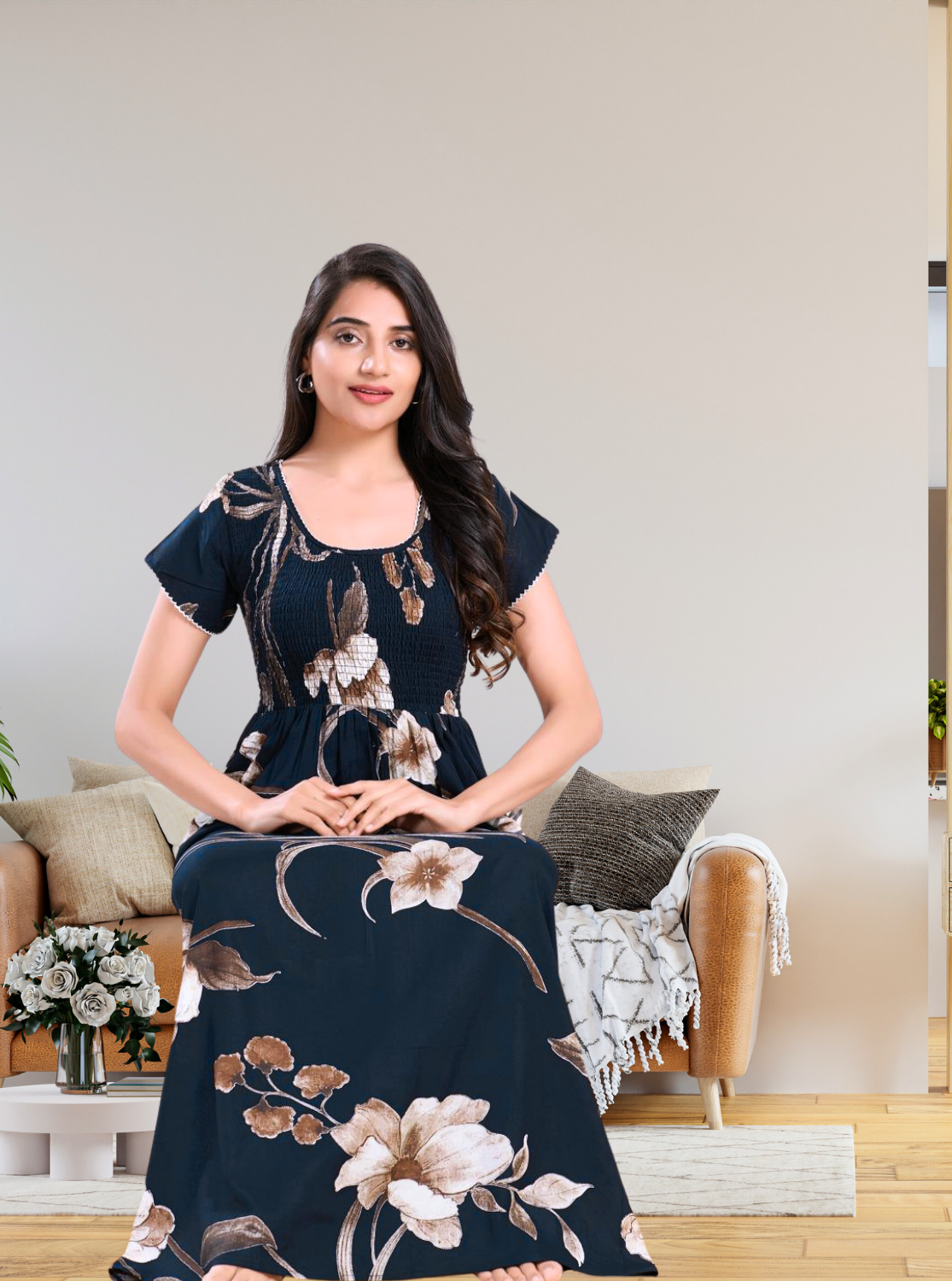 MANGAI RAYON Smocking Nighty | Beautiful Pleated Design | Side Pocket | Stylish Nighty for Trendy Women's | Your Perfect Nightwear Collection's (SRN)