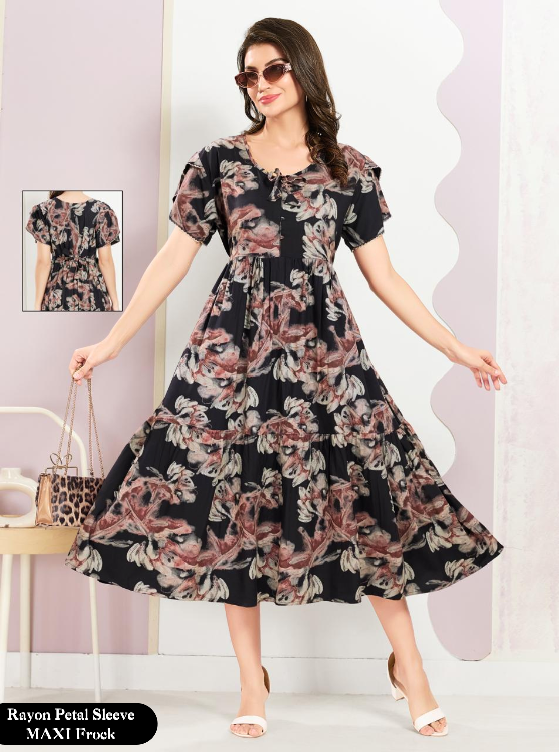Rayon MAXI FROCK Model Nighties | Fancy Petal Sleeve | Fancy Neck & Side Pocket | Pleated Frock MAXI Style | Trendy Collection's for Stylish Women & Teenage Girl (FSF)
