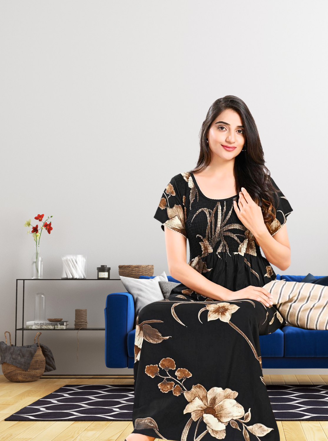 MANGAI RAYON Smocking Nighty | Beautiful Pleated Design | Side Pocket | Stylish Nighty for Trendy Women's | Your Perfect Nightwear Collection's (SRN)