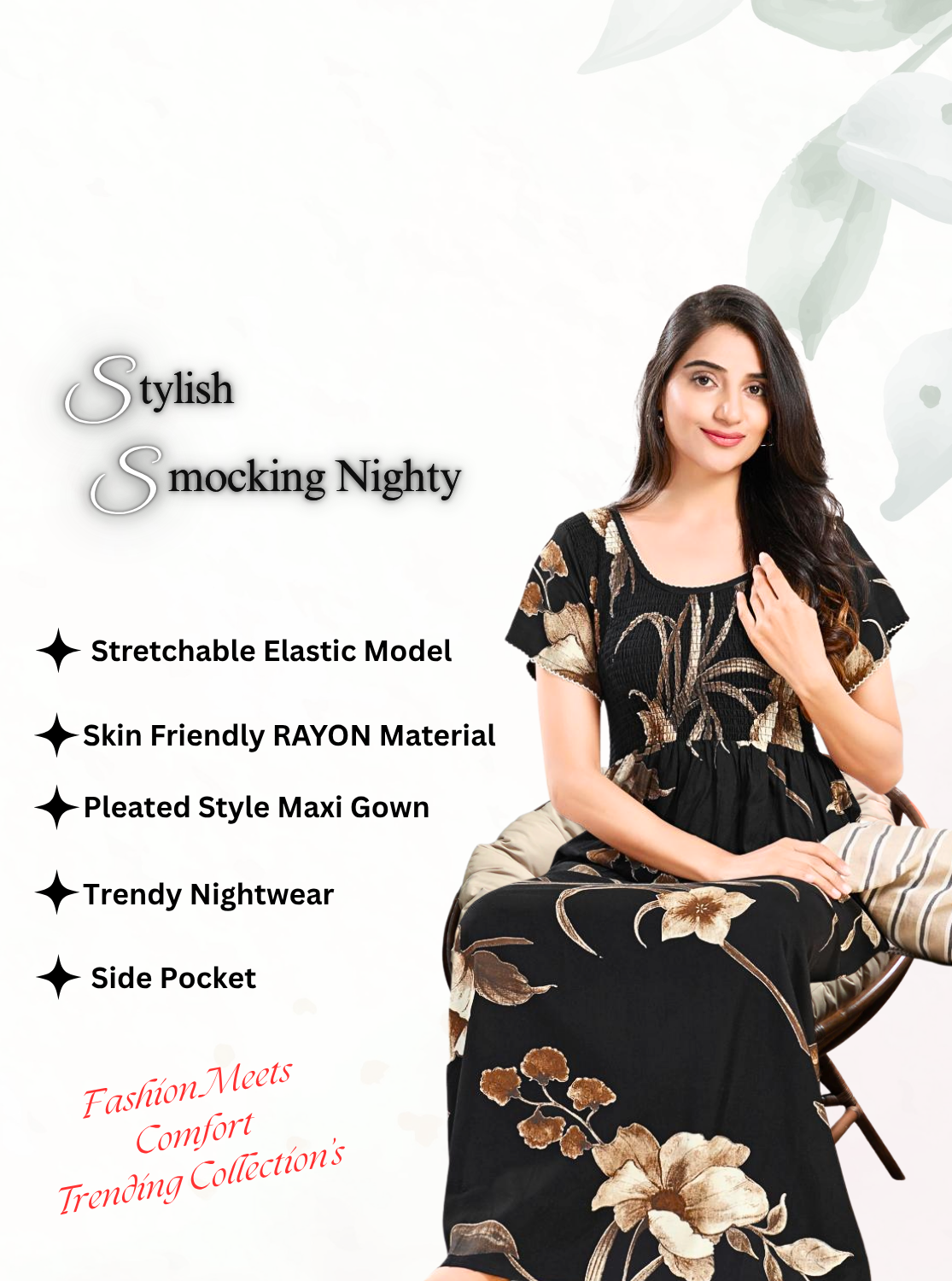 MANGAI RAYON Smocking Nighty | Beautiful Pleated Design | Side Pocket | Stylish Nighty for Trendy Women's | Your Perfect Nightwear Collection's (SRN)