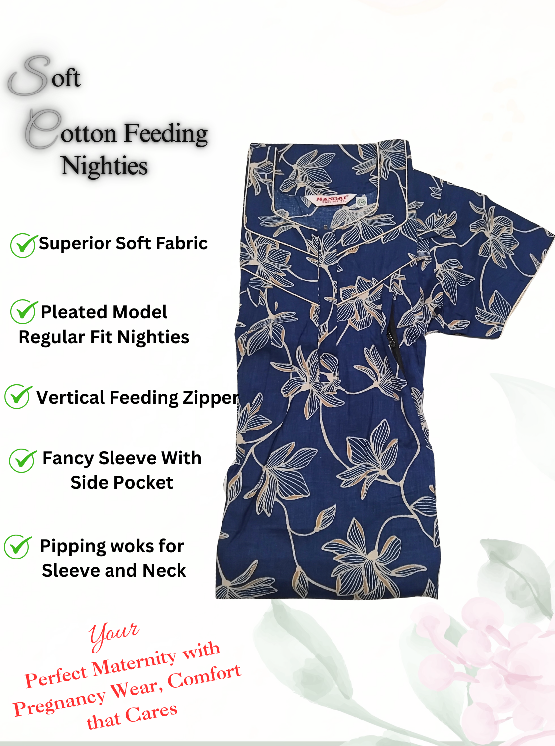 MANGAI Cotton Straight Zip Feeding Nighty |Post Pregnancy | Comfort and Style | Pleated Model | Soft Cotton Feeding Nighties (STF)