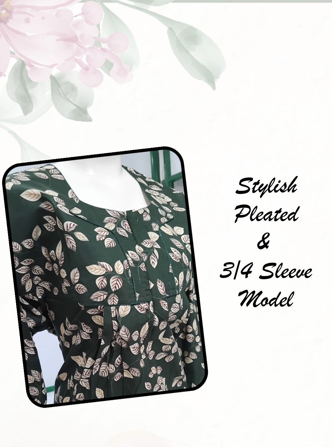 MANGAI Premium Cotton Printed Regular Comfort Long Sleeve Model Size Nighties - Fancy Neck | With Side Pocket |Shrinkage Free Nighties | Trendy Collection's for Stylish Women's (SLV)