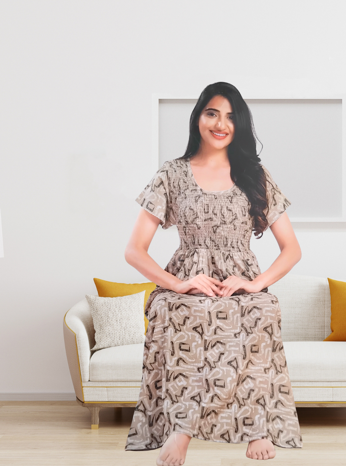 MANGAI RAYON Smocking Nighty | Beautiful Pleated Design | Side Pocket | Stylish Nighty for Trendy Women's | Your Perfect Nightwear Collection's (SRN)