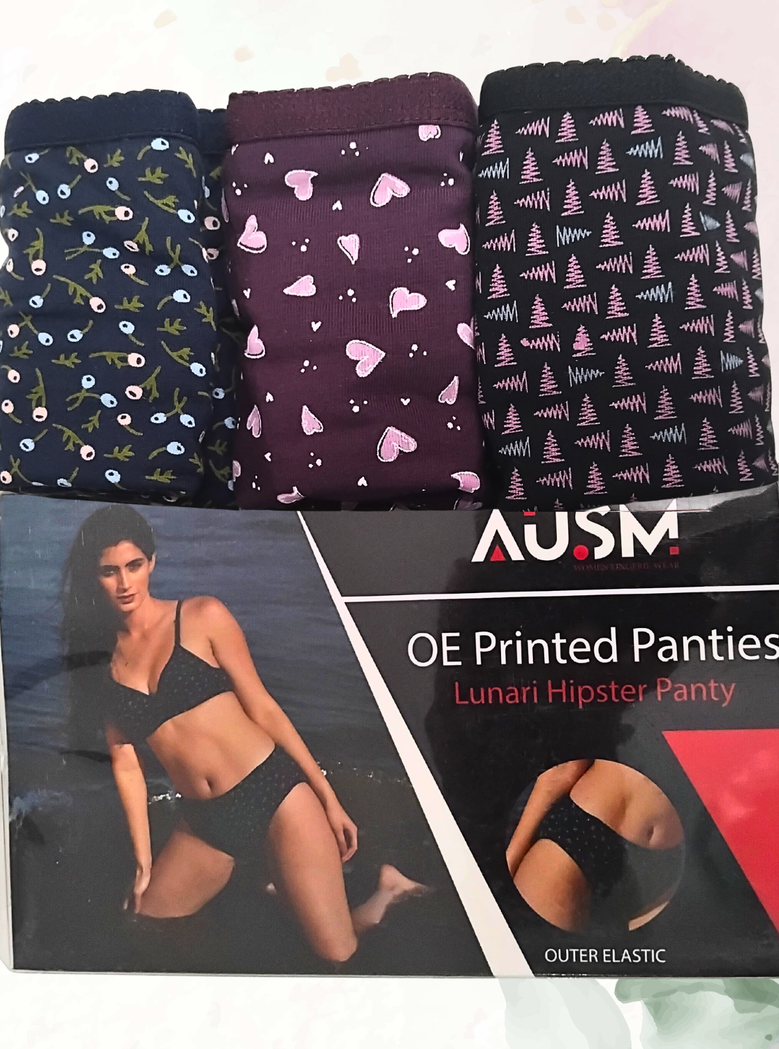 AUSM Premium Cotton Printed 3-Piece Pack – Elastic Outer, Stretchable Panties for Women & Teenage Girls (LUNARI PRNTED PNTYS)