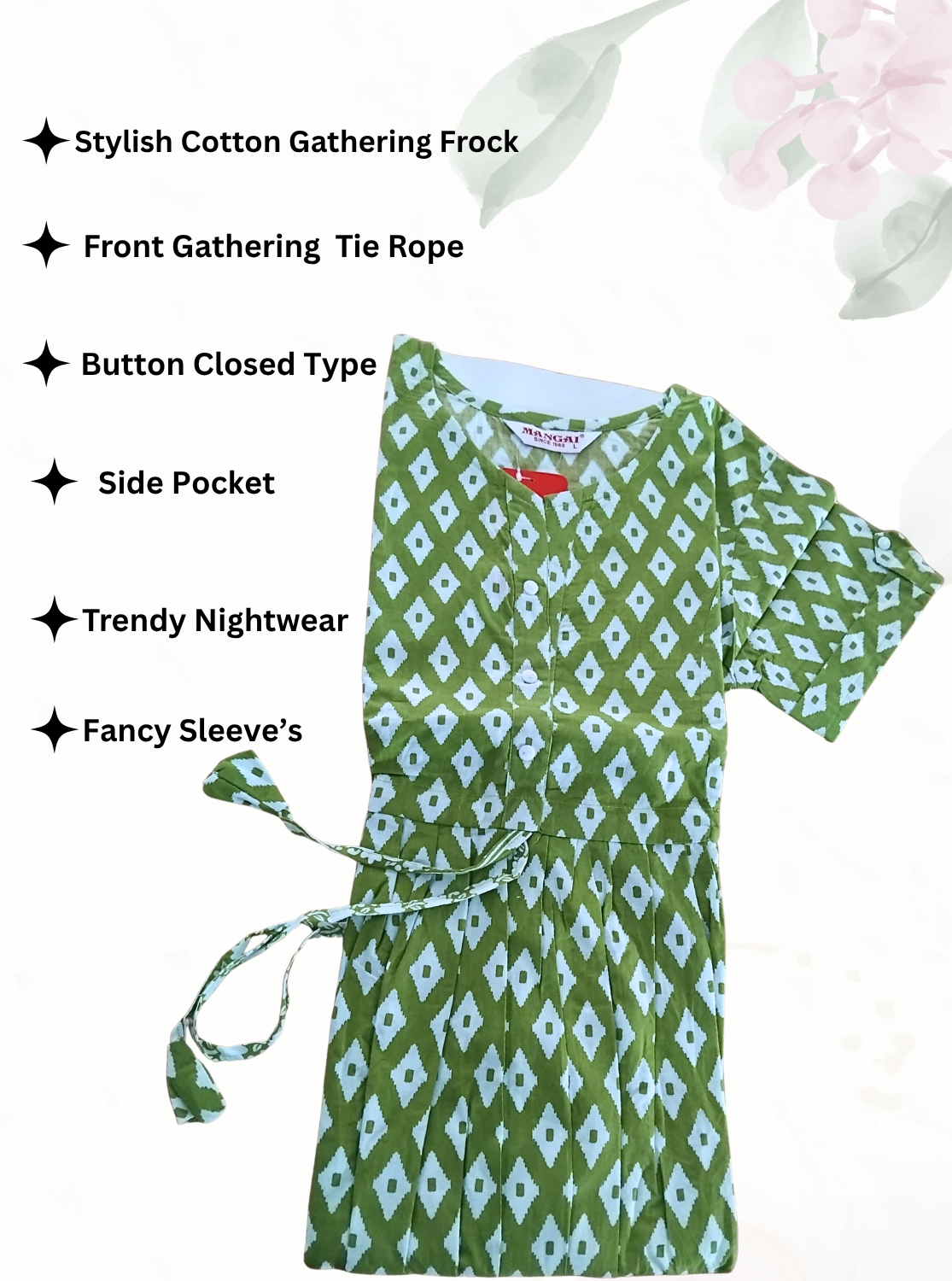 Cotton Gathering Frock for Summer Arrivals | Side Pocket | Button Closed | Elegant Casual Night Wear for Trendy Women's (FKC)