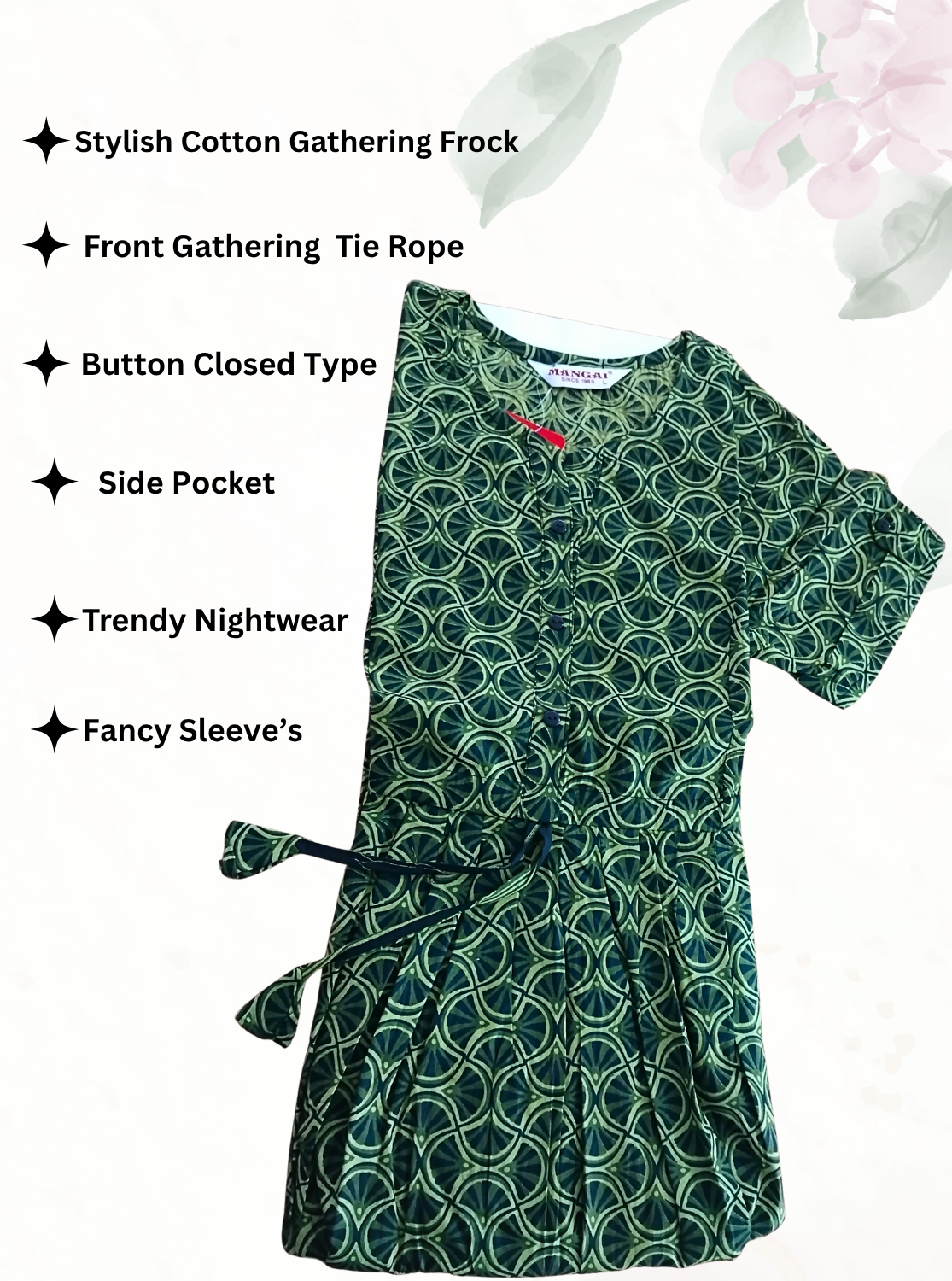 Cotton Gathering Frock for Summer Arrivals | Side Pocket | Button Closed | Elegant Casual Night Wear for Trendy Women's (FKC)