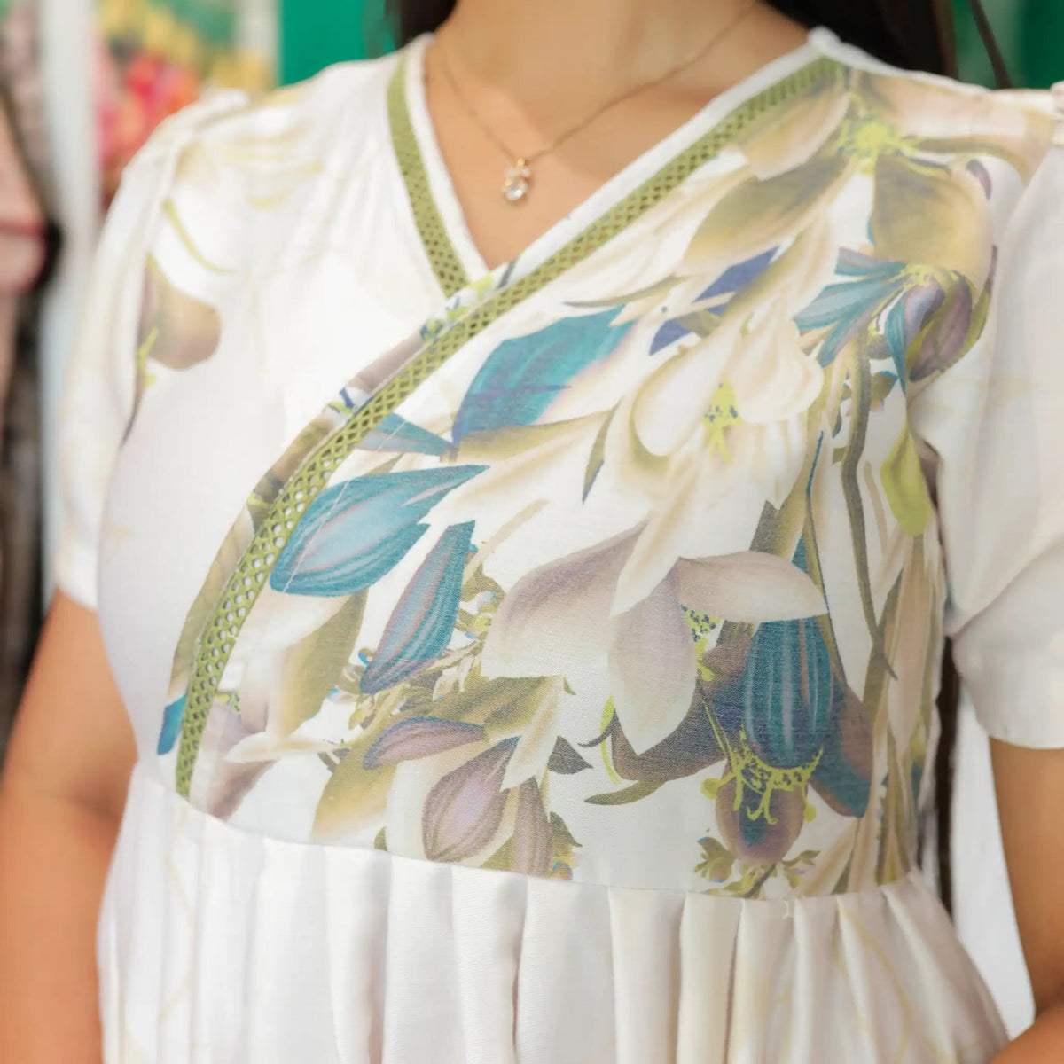 Elegant Cream Floral Long Frock with V Lace Detail for Women - Mangai Nighties